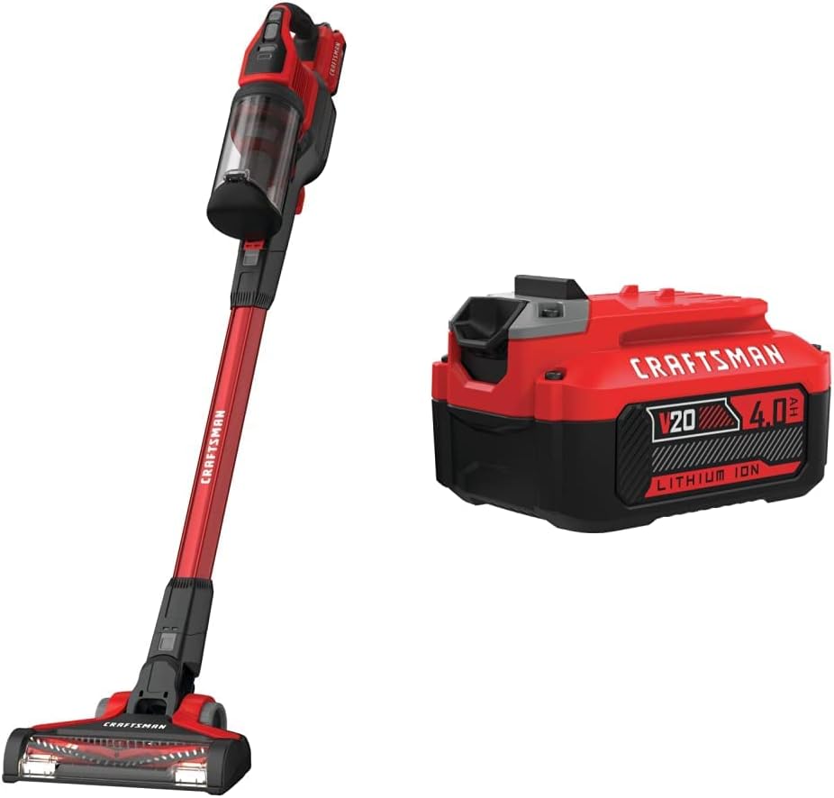 CRAFTSMAN Vacuum, Red w/ V20 Lithium Ion Battery, 4.0-Amp Hour (CMCVS001D1 & CMCB204)