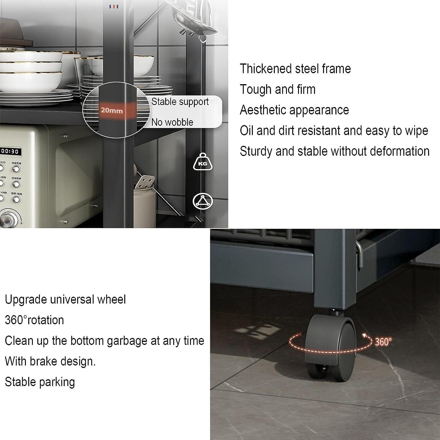 Kitchen Baker’s Rack with Storage Shelves, Microwave Oven Stand with Wheels, Industrial Metal Utility Shelf(Black)