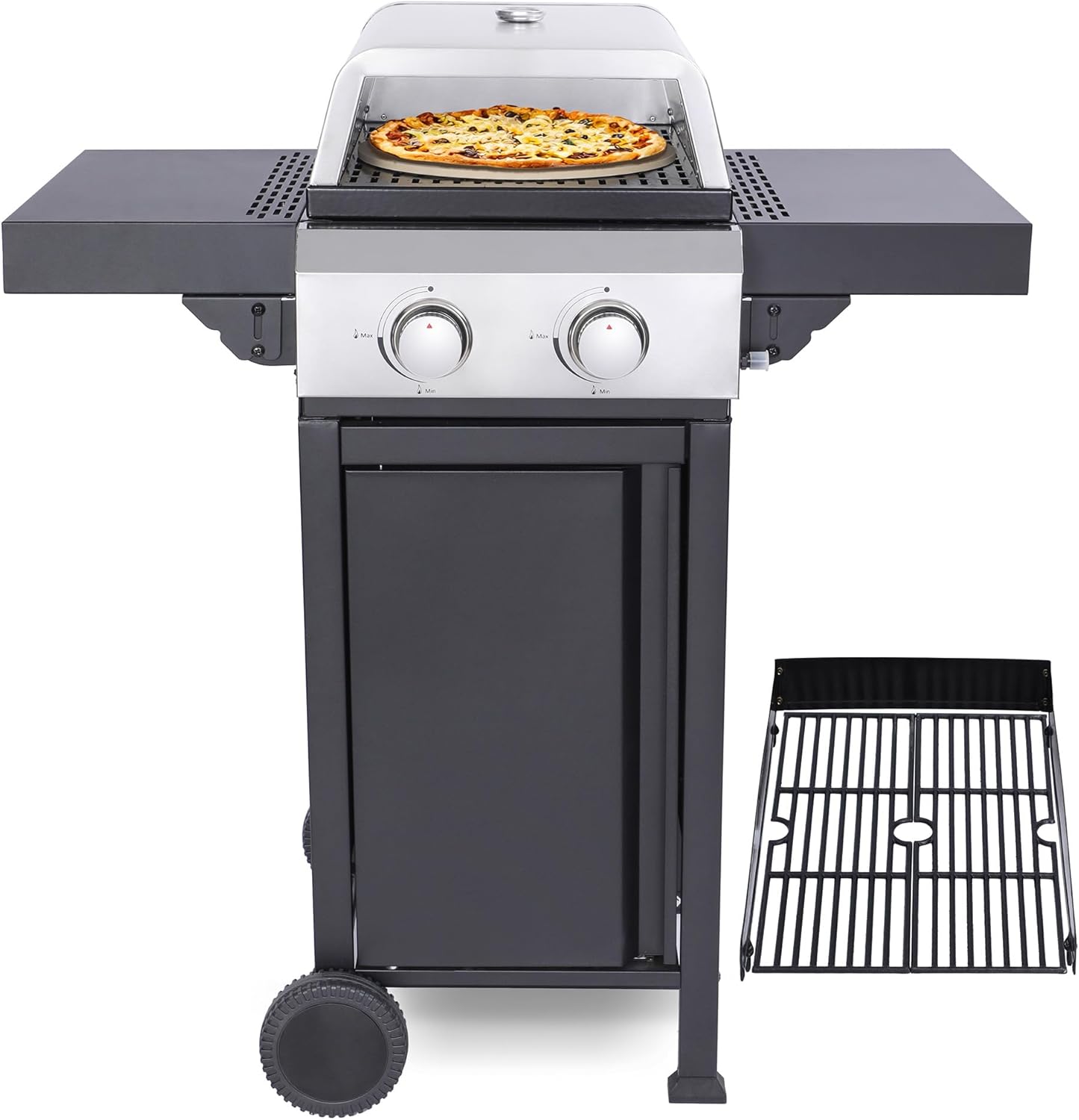 2-Burner Propane Gas BBQ Grill, Pizza Grill, 24600BTU Powerful with Wire Enamel Cooking Grids Foldable Side Table, Hanging Basket for Outdoor Barbecue Stainless Steel