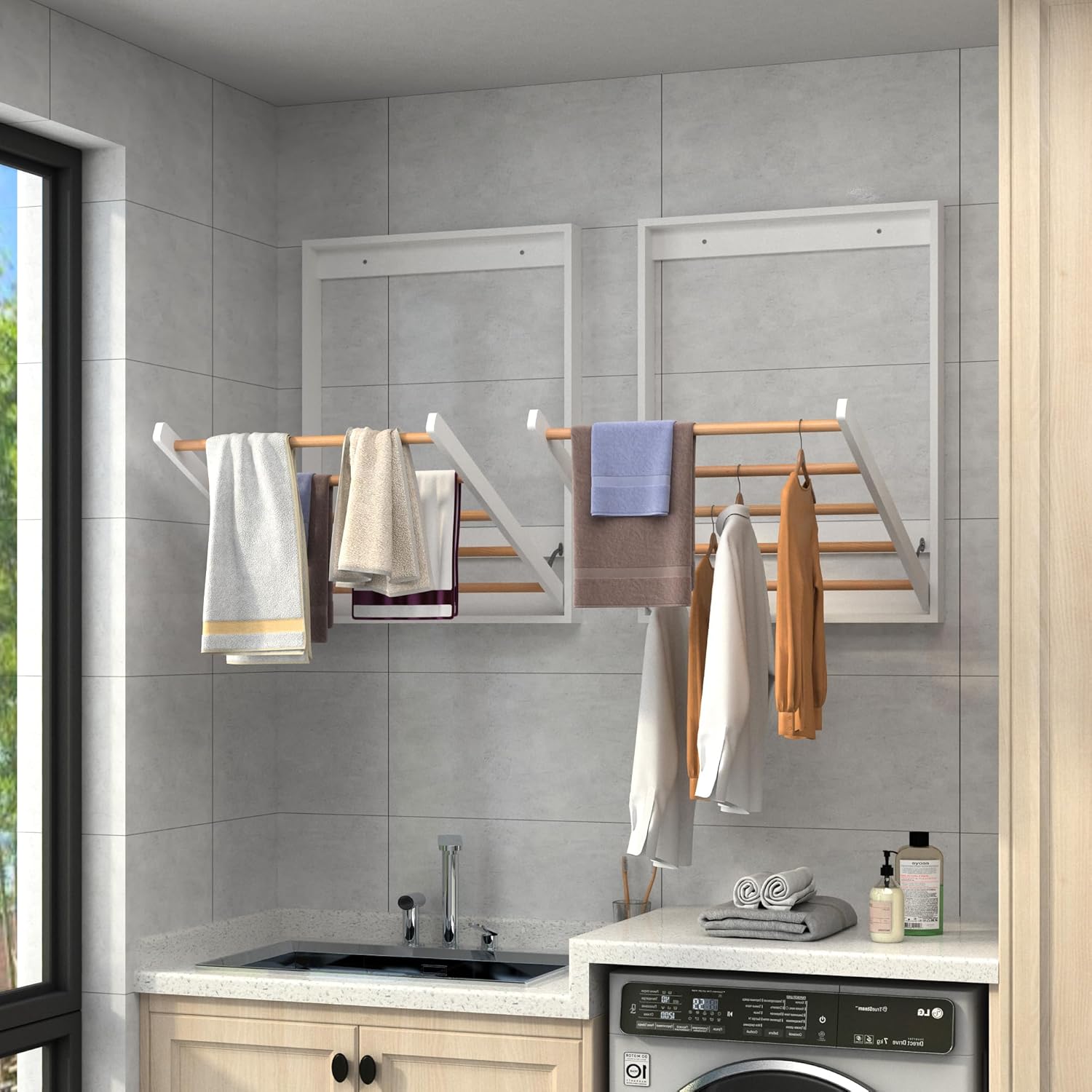 Wall Mounted Clothes Drying Rack for Laundry, Foldable Wooden Clothing Dryer Racks Indoor Use