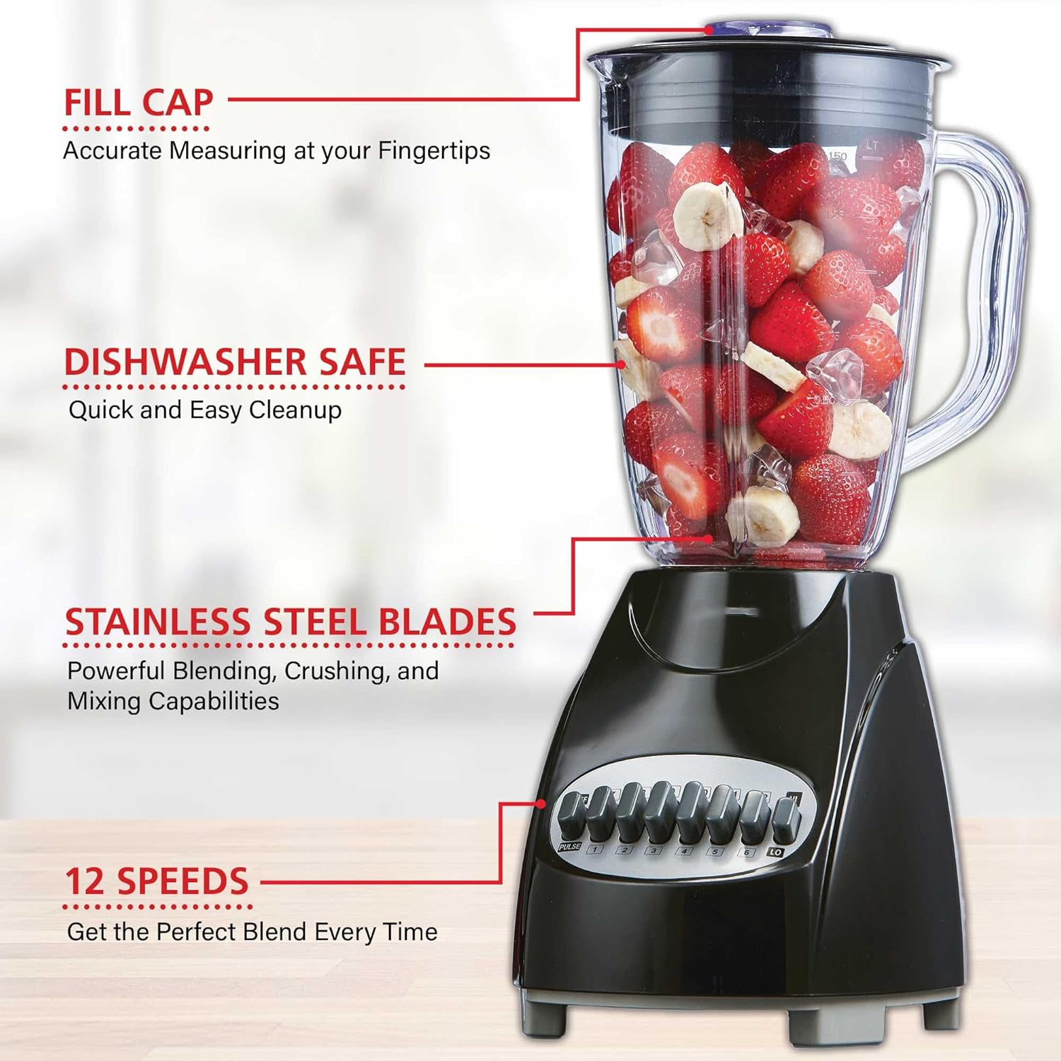 12-Speed Countertop Blender with Pulse Function – 50oz BPA-Free Jar, Stainless Steel Blades, Ice Crusher & Smoothie Maker, 350W Kitchen Blender (Black)