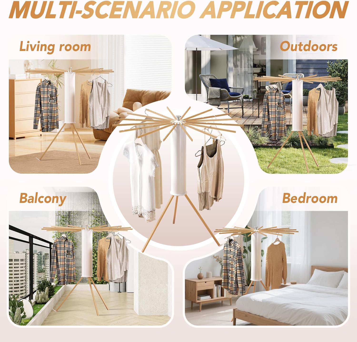 Foldable Tripod Clothes Drying Rack,Beechwood & Portable Laundry Stand, Space-Saving Collapsible Hanger with 16 Arms for Indoor & Outdoor Drying – Easy Setup, Stable Base, Fast Air-Drying Design