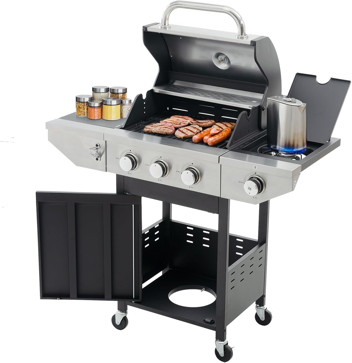 3-Burners Propane Gas Grill Outdoor with Side Burner & Thermometer, Stainless Steel Propane Grill for Outdoor BBQ and Camping, Patio Backyard Barbecue, 33950 BTU Output