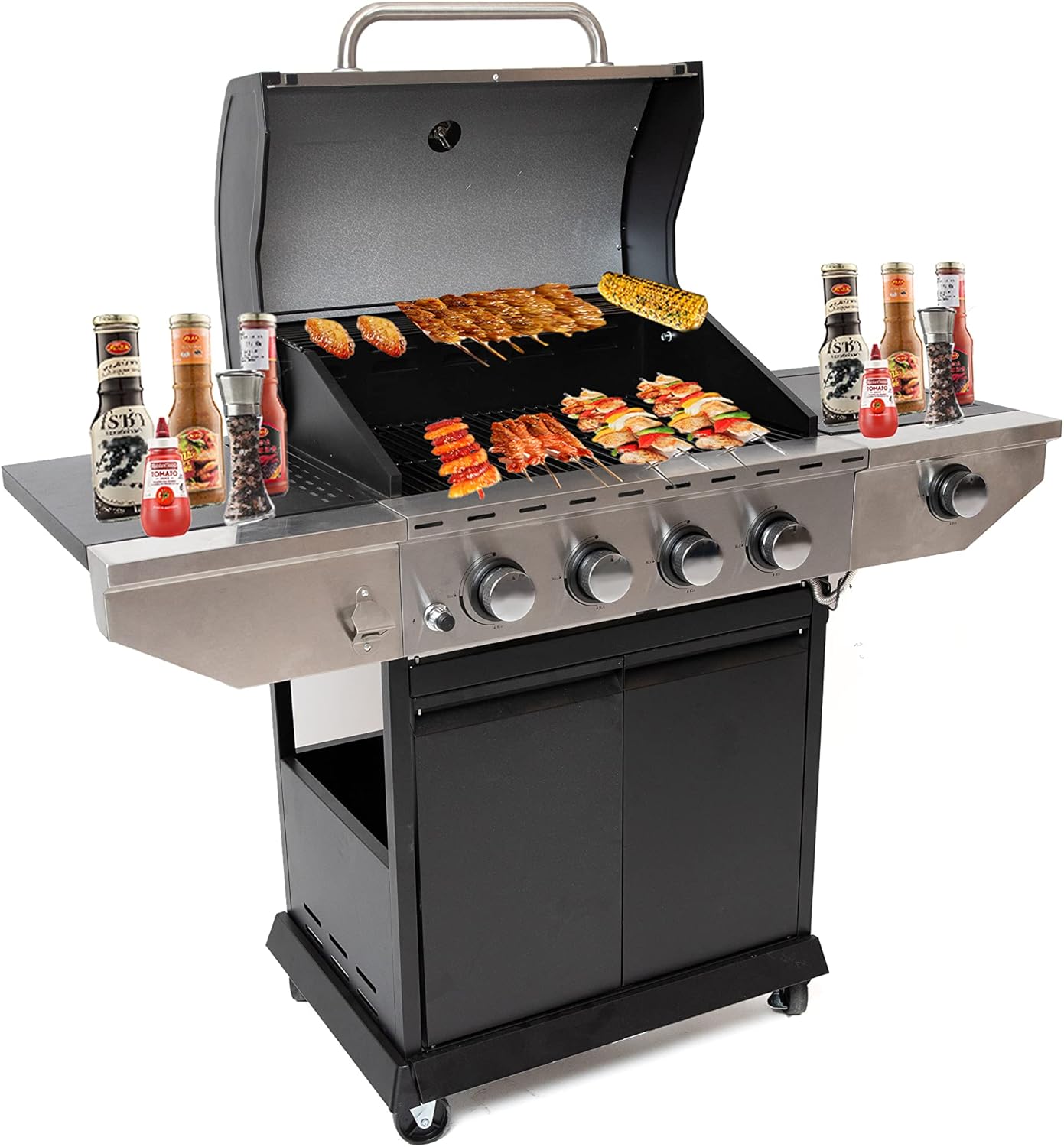 BBQ Grill Propane Grill Outdoor,4 Burners Barbecue Grill Stainless Steel Gas Grill with Side Burner and Thermometer 42,000 BTU Output Metal Grill for Outdoor BBQ Camping
