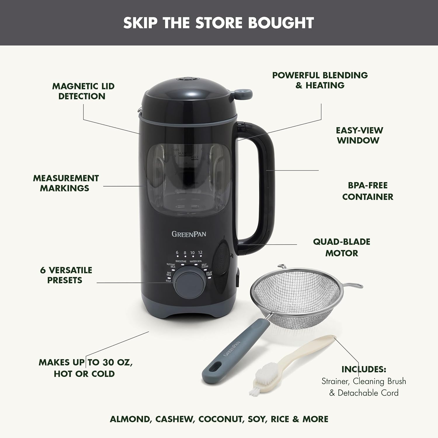 GreenPan Nut Milk Maker, 15-in-1 Homemade Soy, Almond, Oat, Coconut, Non-Dairy, Rice, Soup, Baby Food, BPA-Free, Smooth Creamy Texture, Self Clean, Barista Quality Milk, Delay Start, Boil Water, Gray