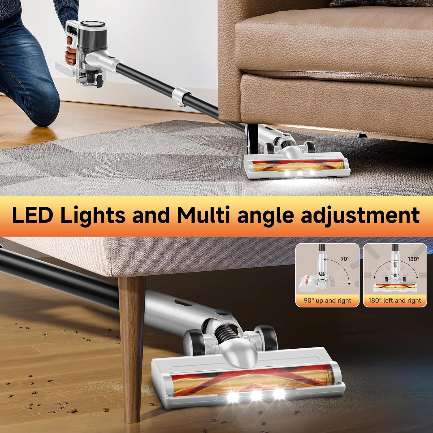 Cordless Vacuum Cleaner for Home - Lightweight, Stick Vacuum Clean with Rechargeable Battery, Max 45Mins Runtime, 8 in 1 Handheld Vacuum for Hardfloor & Carpets Pet Hair, White&Yellow