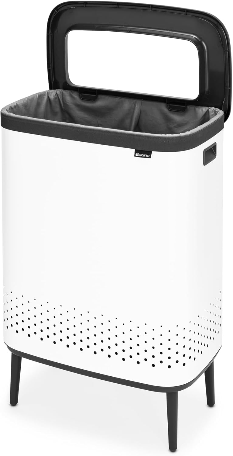 Brabantia Bo Laundry Hamper Hi (White) 2 Compartment Removable Laundry Bag 2 x 12 Gal, Ventilated Stylish Dirty Clothes Holder, Flat Back, Off-the Ground, Anti-Rust Materials for Bathroom Use