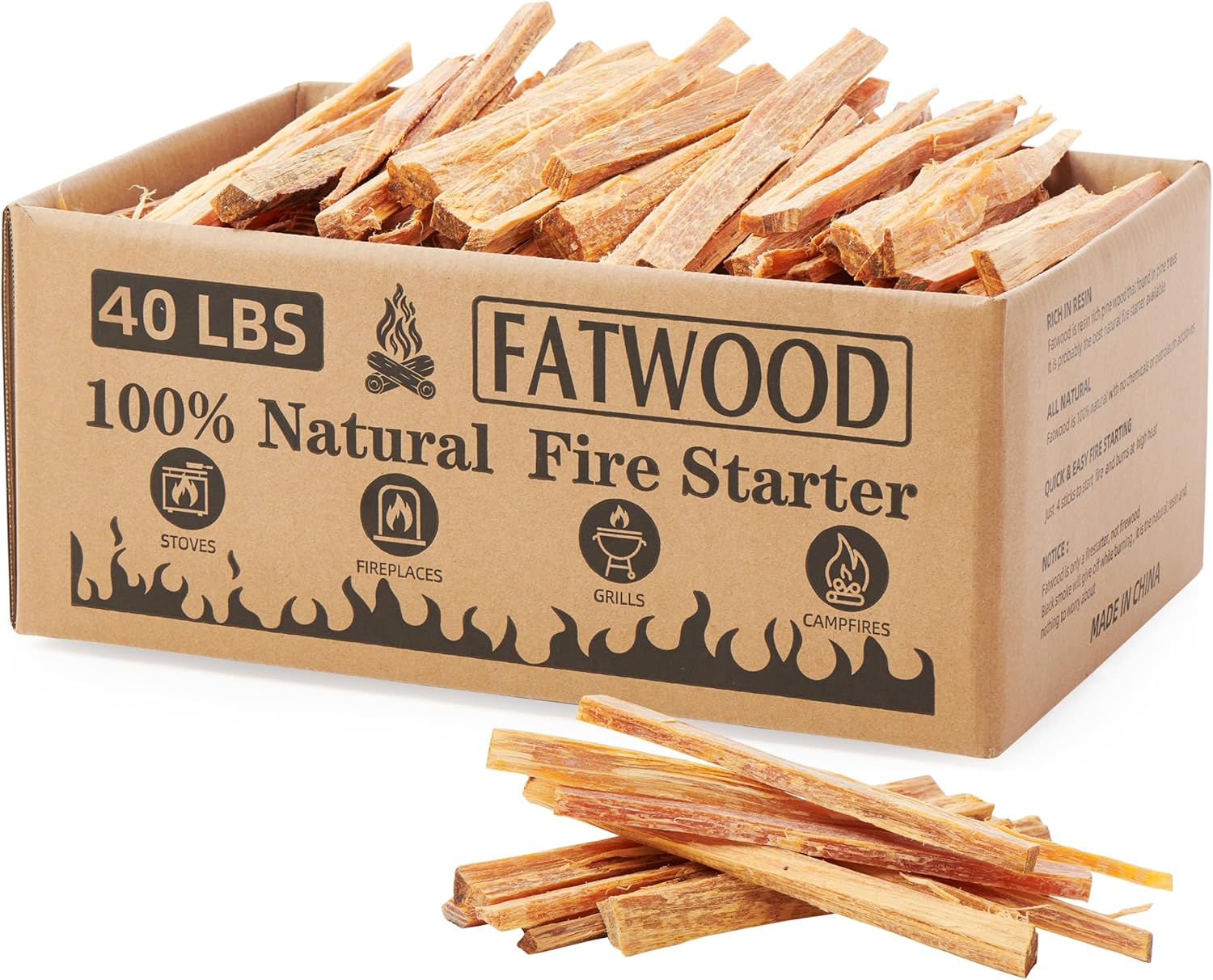 40 Lbs Fatwood Fire Starter Sticks, 100% Natural Kindling, Pine Firewood Firestarter for Campfire, Stove, Fireplace, Bonfires, Grill