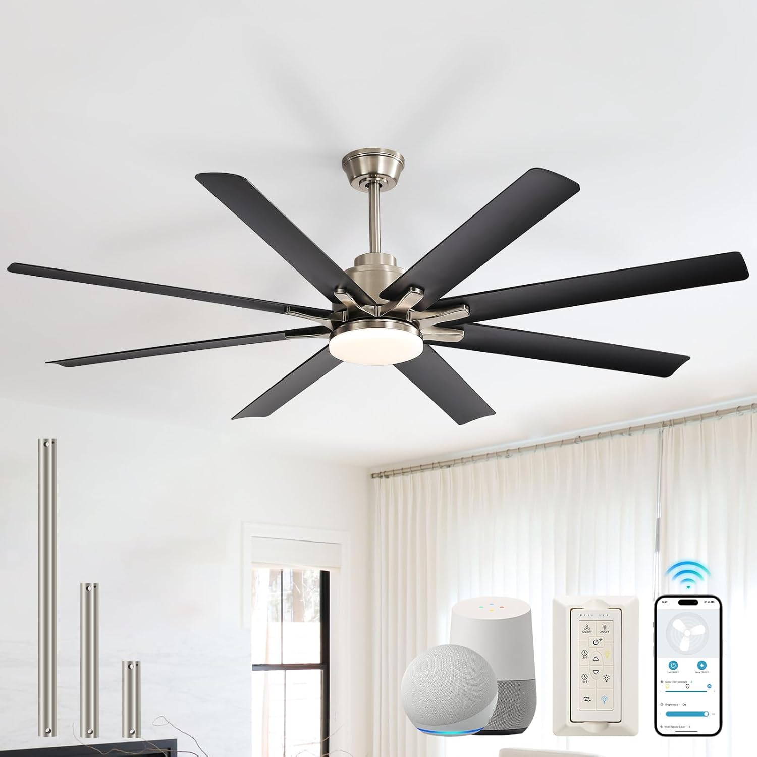 Sofucor Smart Ceiling Fans with Lights, 52'' Ceiling Fan with Light and Remote, Work with Alexa/Google, Black Indoor/Outdoor Ceiling Fan, Quiet DC Motor, 3CCT, 8 Blades Ceiling Fans for Bedroom Patio