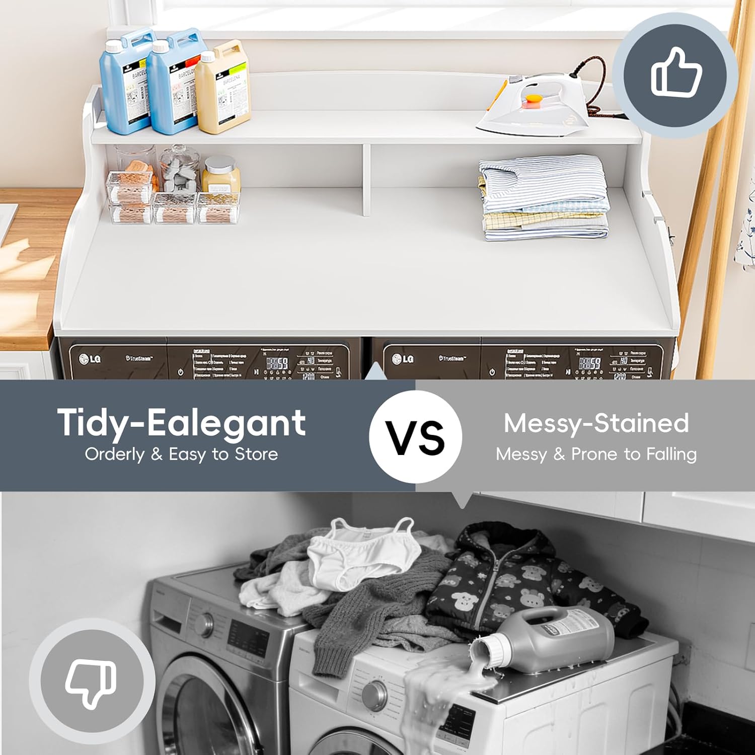 2-Tier Washer Dryer Countertop, Laundry Countertop with Edge Rails, Universal Fit 54