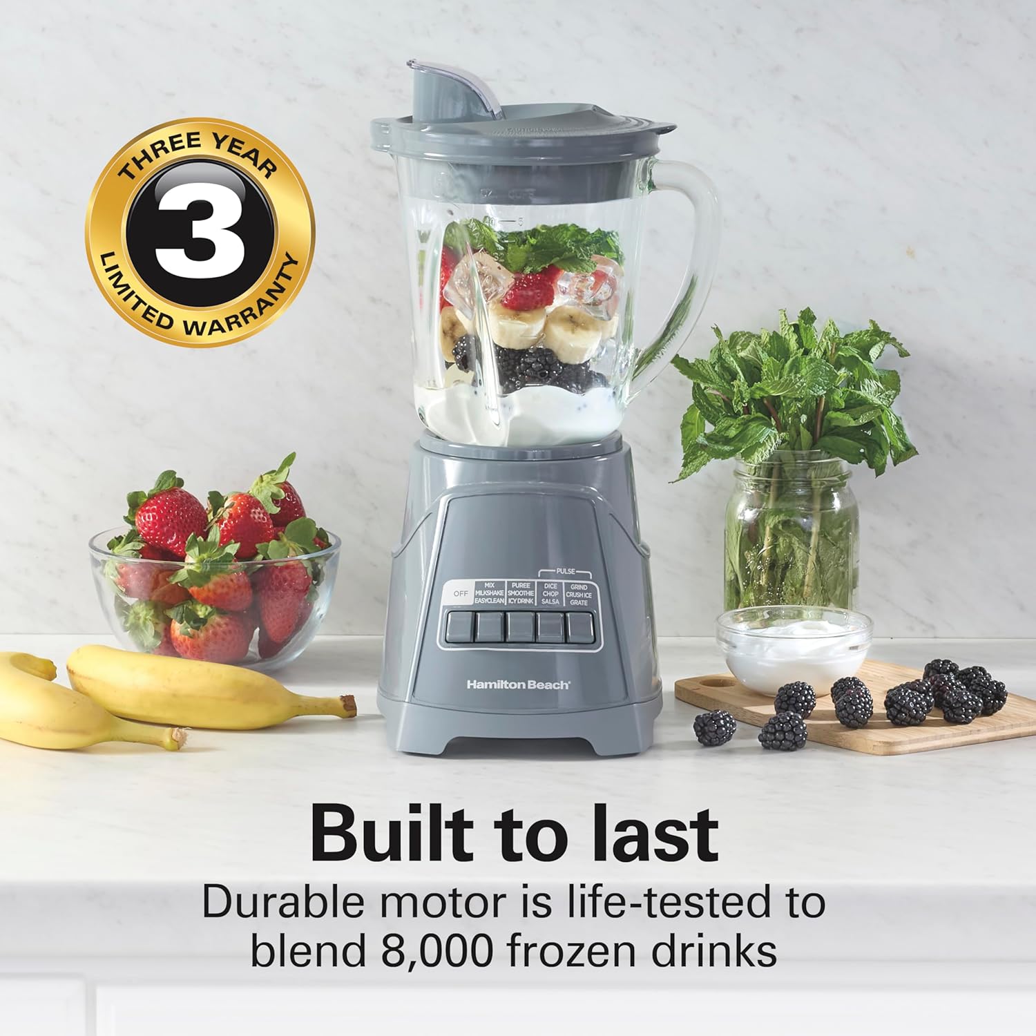 Hamilton Beach Power Elite Wave Action Blender For Smoothies, 40 Oz Glass Jar, 12 Functions Including Puree, Crush Ice, 700 Watts, Grey (58153J)