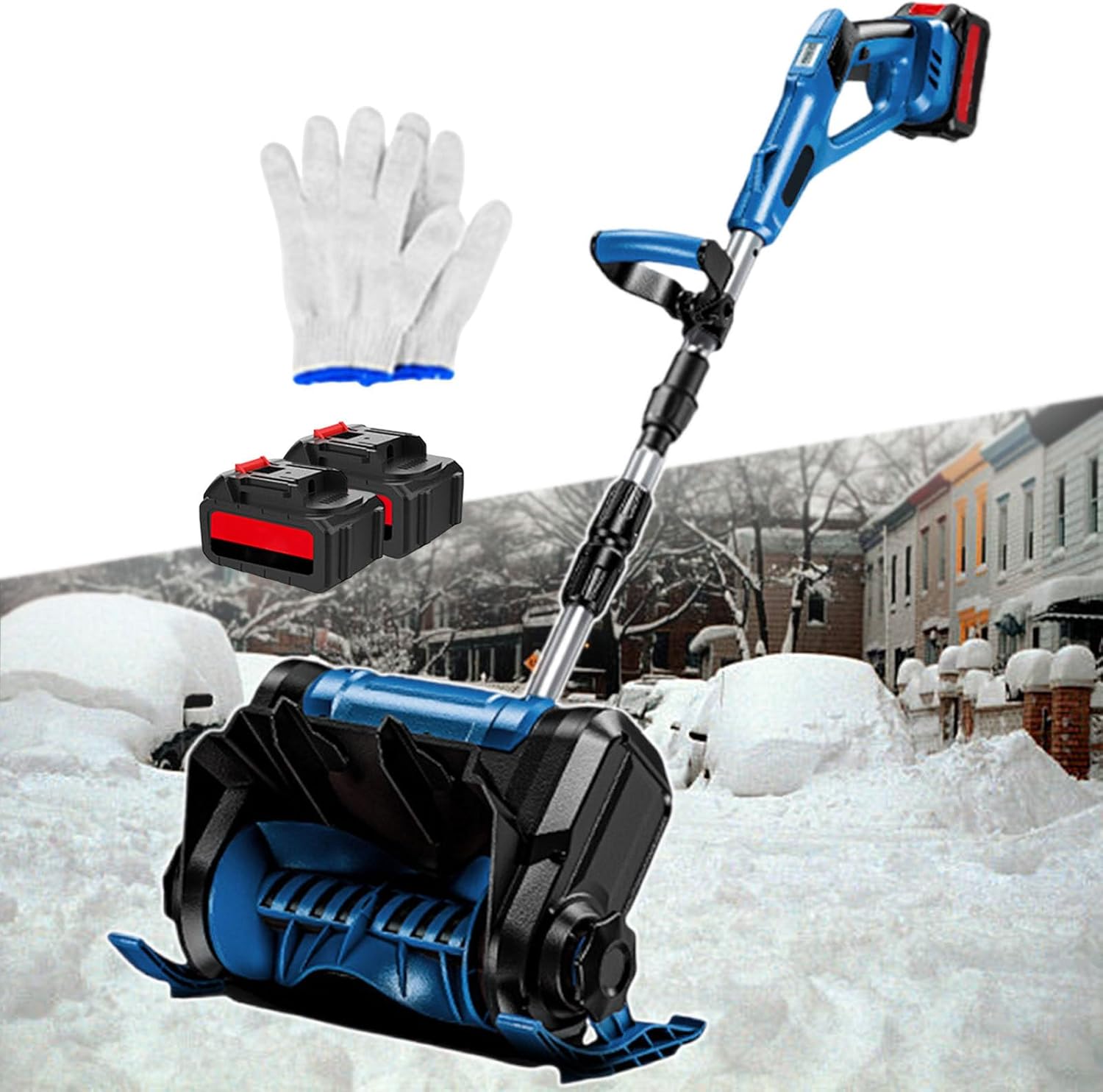 Cordless Rechargeable Snow Shovel, Electric Foldable Snow Blower, 3 Directions Adjustment + Aluminum Alloy Pole, for School Roads, Driveways, Courtyard, Factory Blue-2batteries