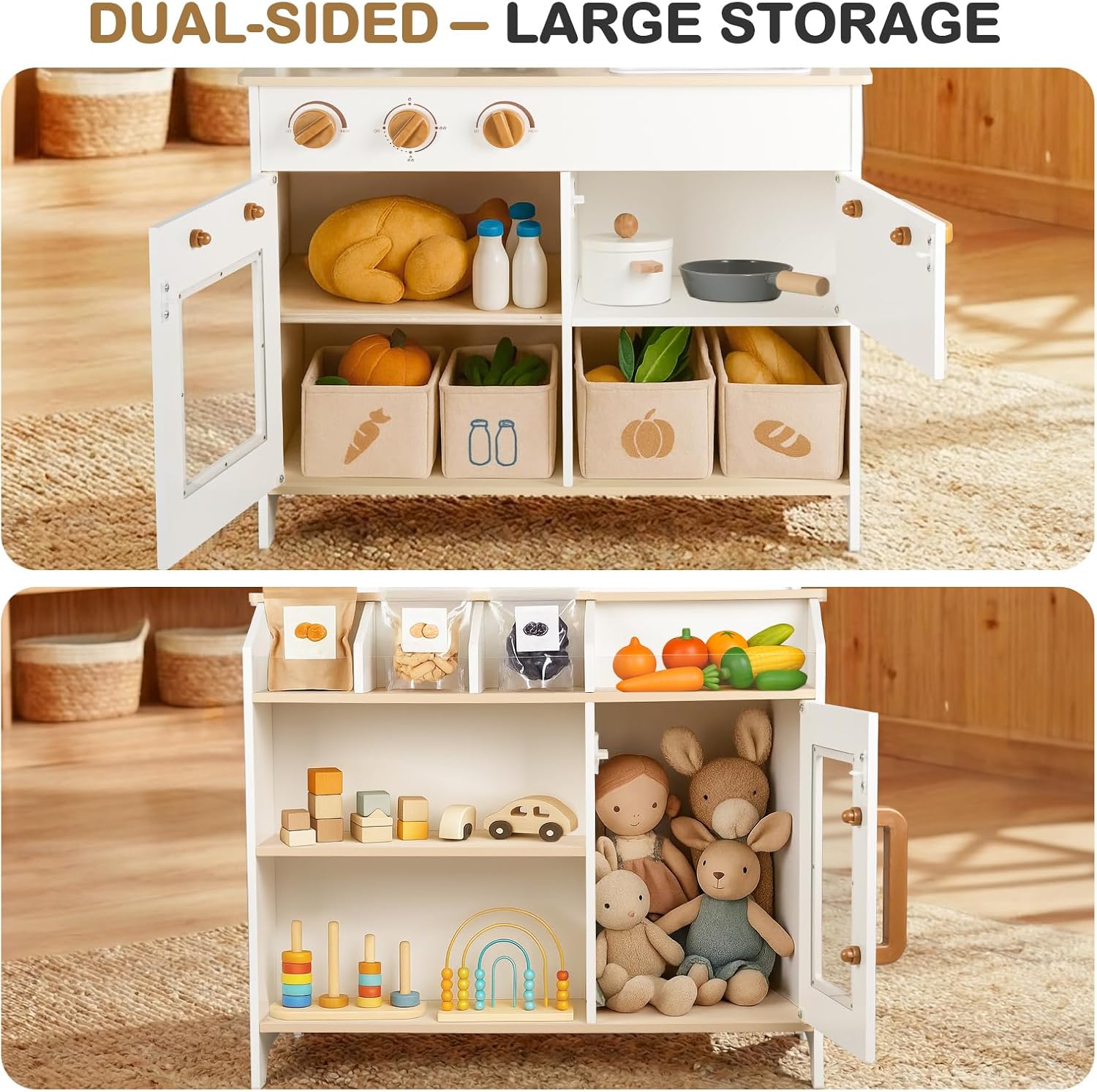 Dual-Sided Play Kitchen for Kids Toddlers, 2-in-1 Grocery Store&Wooden Toy Kitchen Set with Coffee Machine,Pretend Kitchen Play Set with Microwave, Oven, Gift for Boys Girls