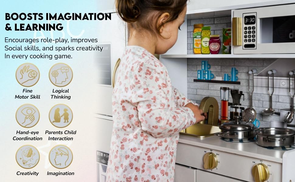 Large Kids Wooden Kitchen Play Set & Kitchen Accessories, Girls Boys Learning Pretend Toys with Utensil Cooking Set Oven, Stove, Microwave - White/Gold Edition