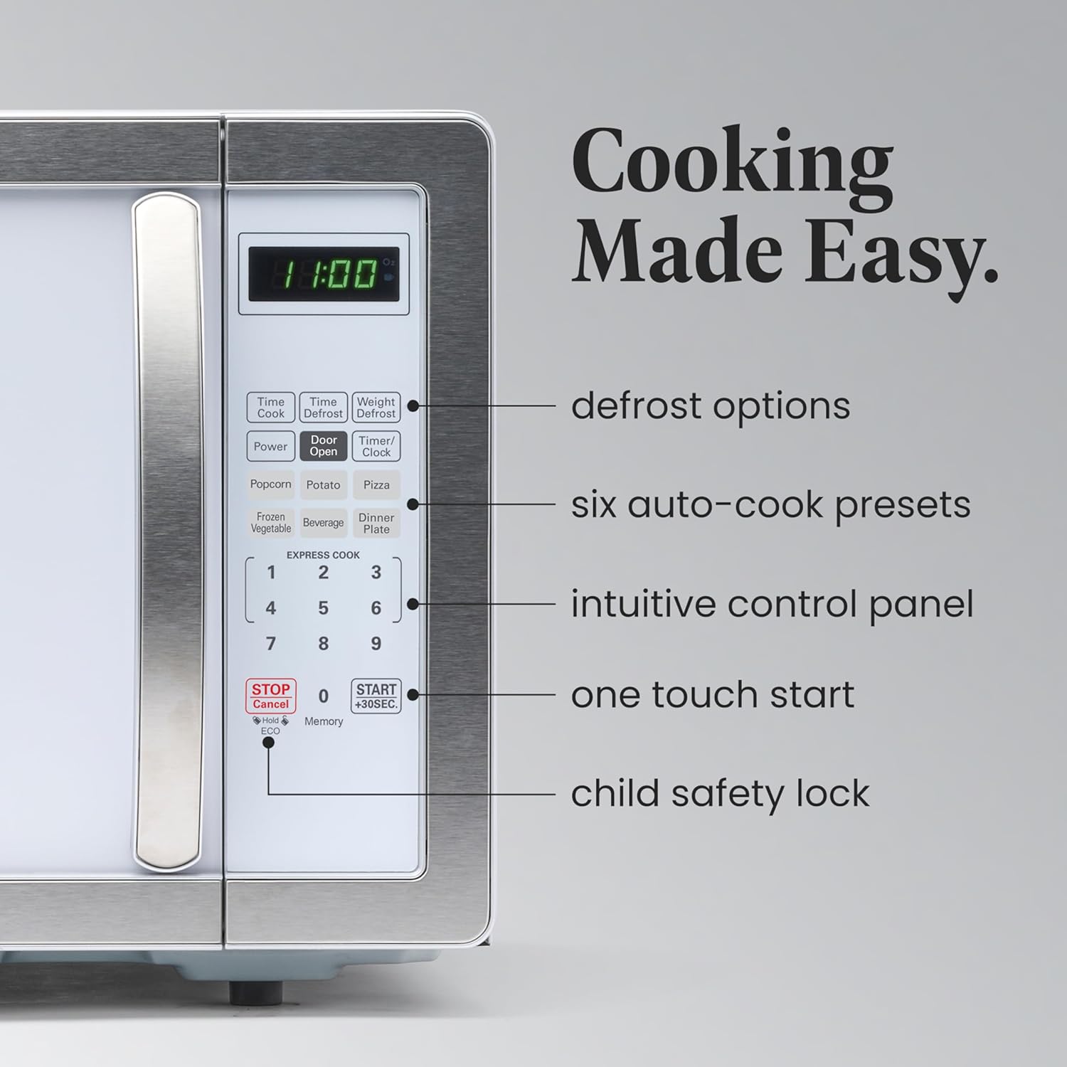 Farberware 1.1 Cu. Ft. Countertop Microwave Oven – 1000 Watts Power, Auto Cook Settings, Defrost, Easy Clean and Child Safety Lock - White Platinum