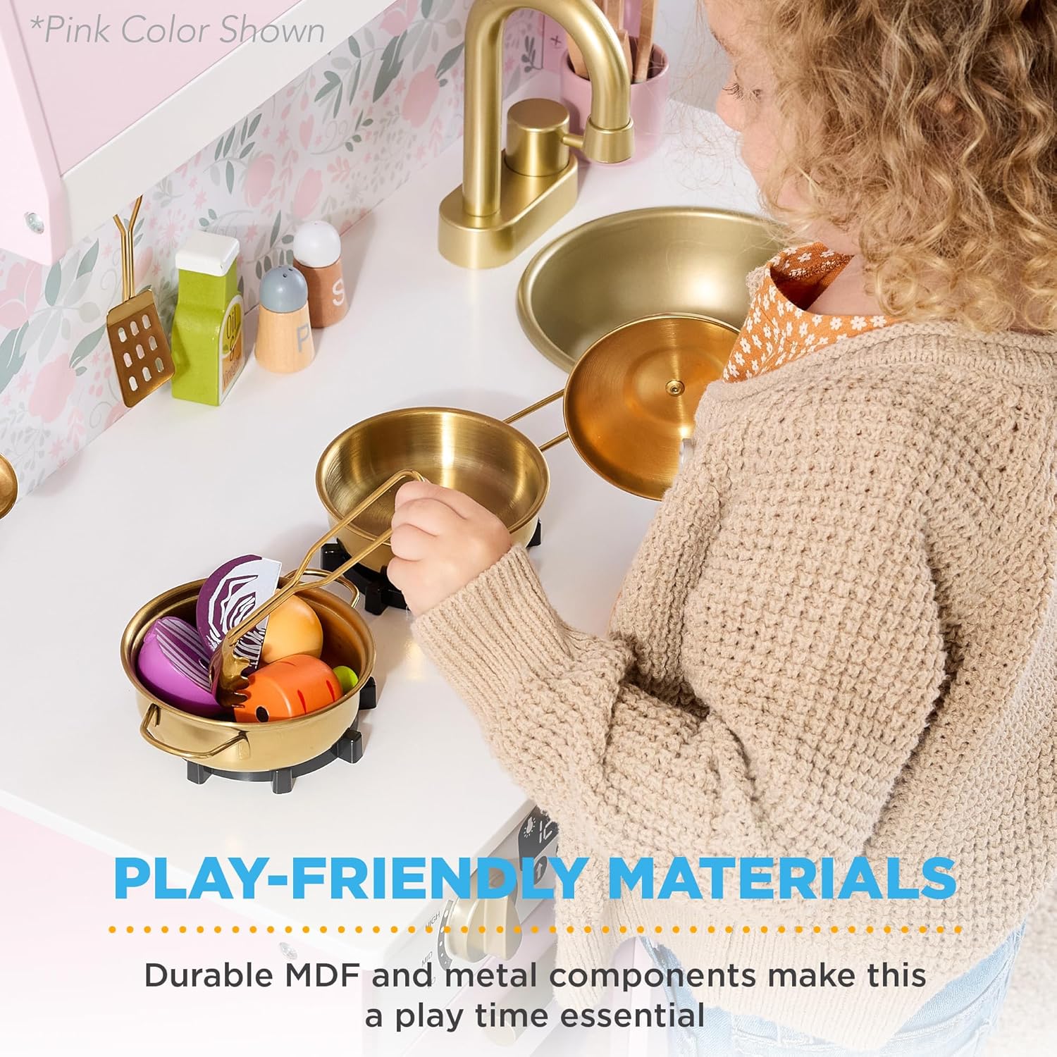 Best Choice Products Wooden Pretend Play Cottage Kitchen Kids Toy w/Storage, Scalloped Edge, 5 Accessories, Microwave, Oven, Clicking Knobs - Blue