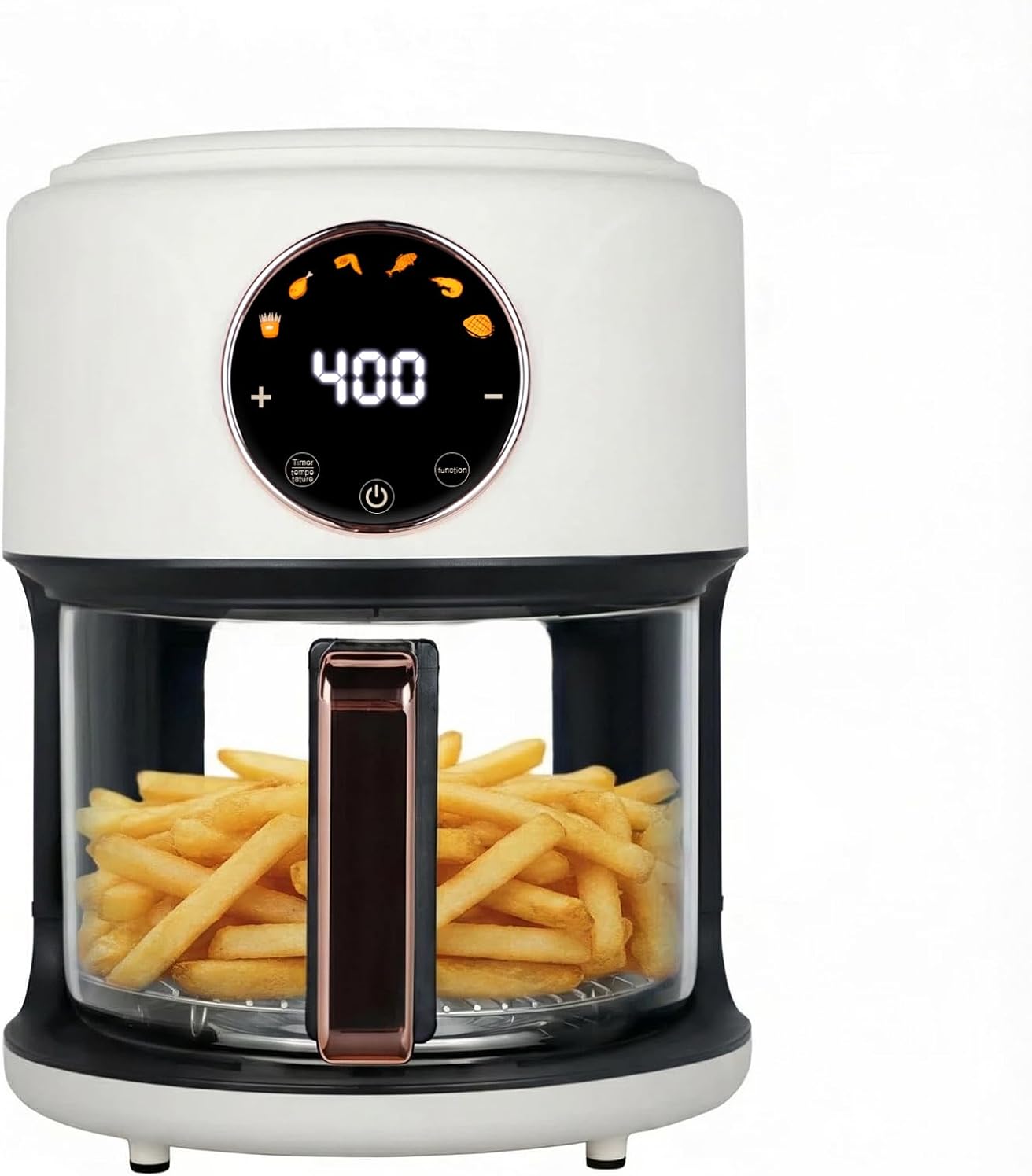 4.7QT Glass Air Fryer, 360° Viewable Glass Air Fryer Non Toxic, 6-IN-1 Preset Cook Modes, Digital Display, Adjustable Temp 100F - 400F, Nonstick, Dishwasher Safe, White
