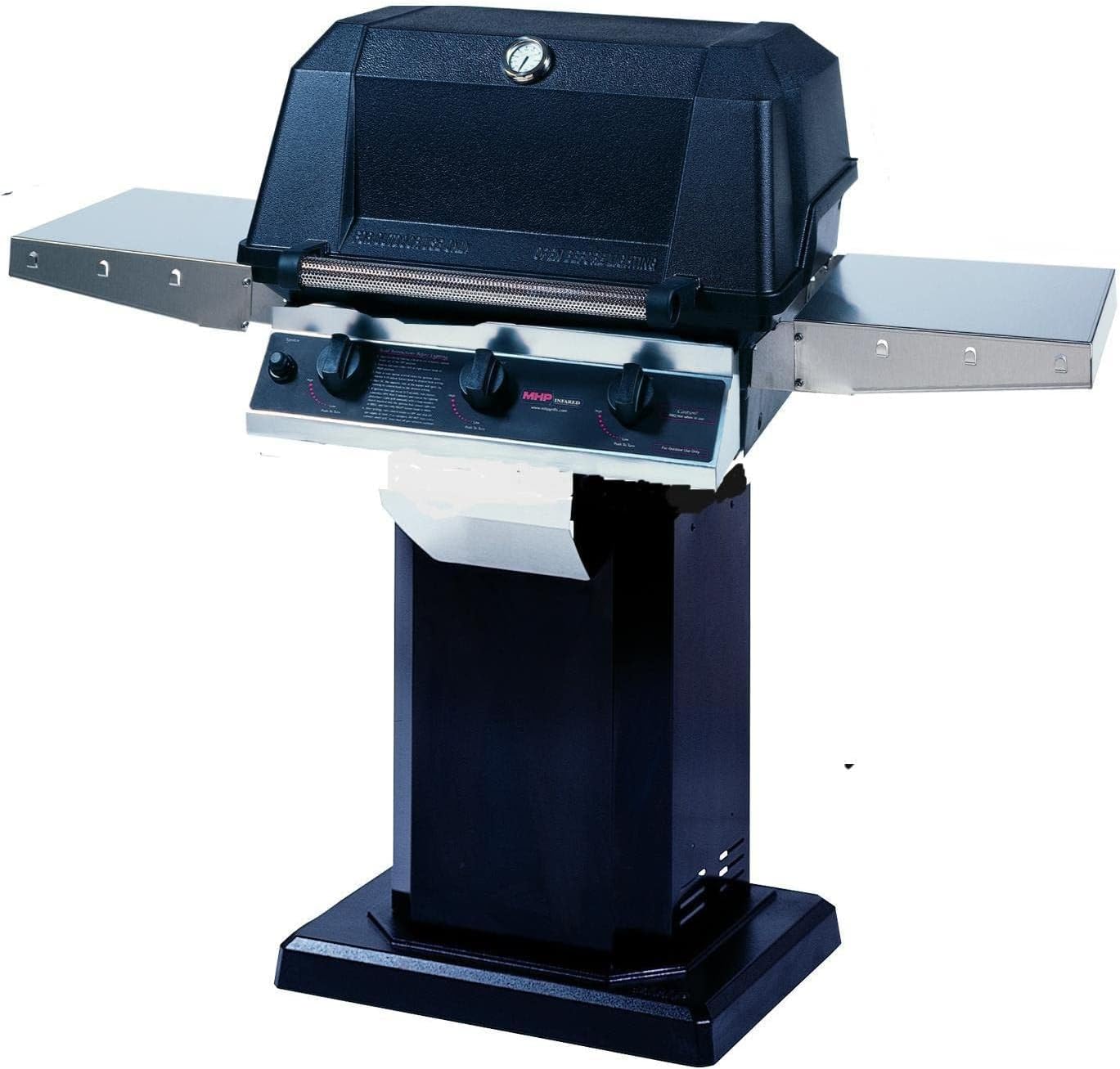 MHP WHRG4DD Hybrid Propane Gas Grill W/SearMagic Grids On Black Patio Base