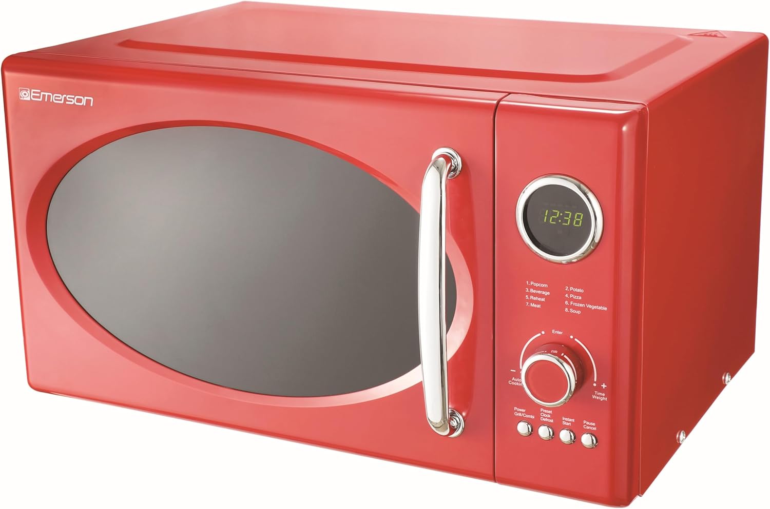 Emerson MWRG0901RD 0.9 Cu. Ft. Retro Microwave with 1,000W Grill Function, 800W Cooking Power, LED Display, 5 Power Levels, 8 Auto Menus, Glass Turntable, Child Lock, Red Countertop Design