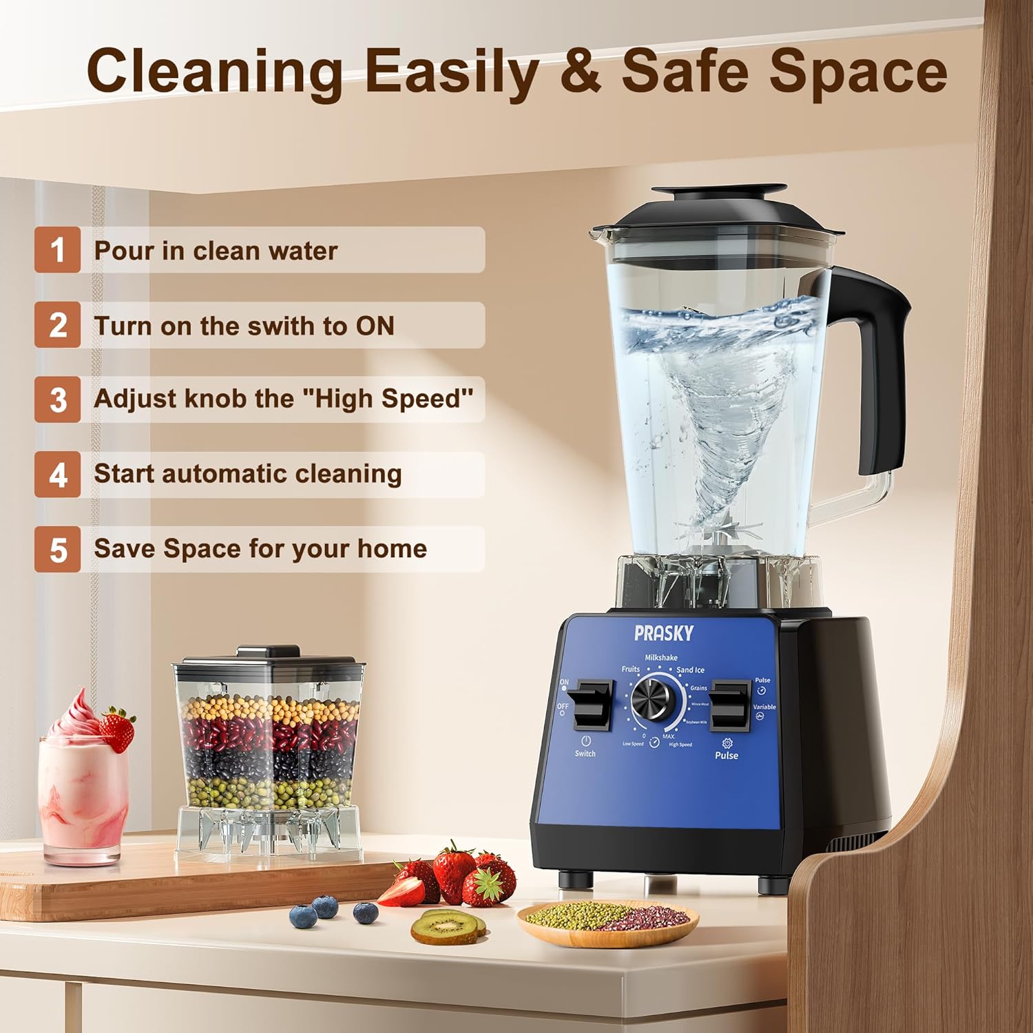 Blender, Smoothie Blenders, PRASKY Max.2400Watts/1000Watts Kitchen Blender and Grinder Combo 25000RPM Powerful Kitchen 68oz BPA Free 2 Containers Countertop Blenders Ice Crushing