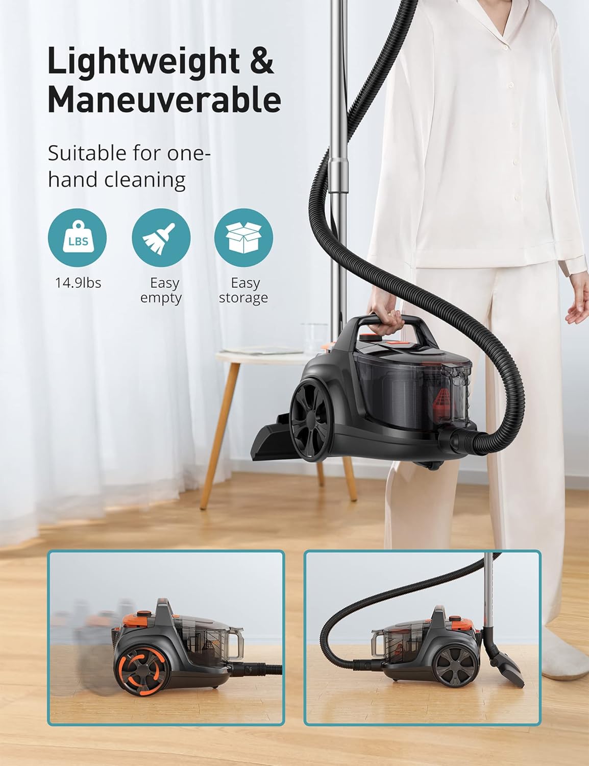 Aspiron Canister Vacuum, Upgraded 1600W Bagless Canister Vacuum Cleaner, Auto Cord Rewind, H13 HEPA Filter, 4Qt Large Capacity, 5 Tools for Hard Floors, Carpet, Pet, Upholstery, Tiles, Apricot