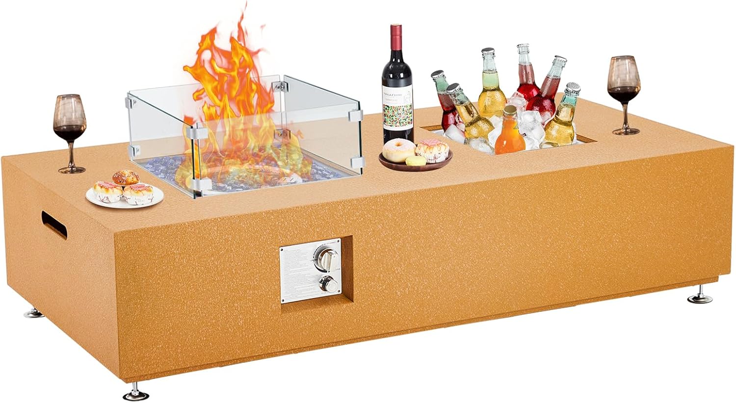 Outdoor Propane Fire Pit Table 56 Inch with Ice Pit, Yellow Skin-Color Gas Fire Pit Patio Heater, 2-in-1 Design for Chilled Drinks & Warmth