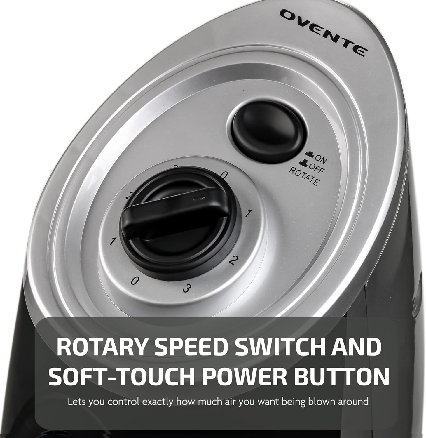 Ovente Portable Electric 30.4 Inch 90° Oscillating Tower Fan with 3 Speeds controlled by Manual Analog Knob with Low-Noise Technology Cool Air Breeze, Indoor, Bedroom, Home, Office, Silver TF87S