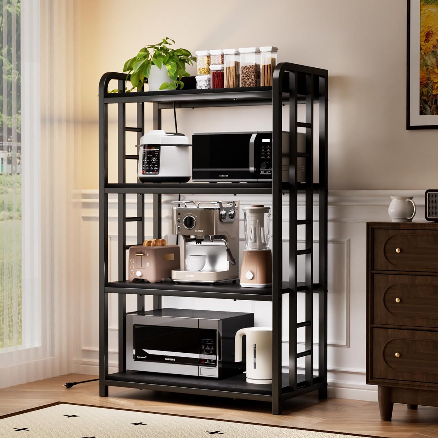 Adjustable 4-Tier Kitchen Baker's Rack, Microwave Oven Cart Stand, Heavy Duty Organizer Rack for Storage in Living Room, Garage, Home and Office, Black