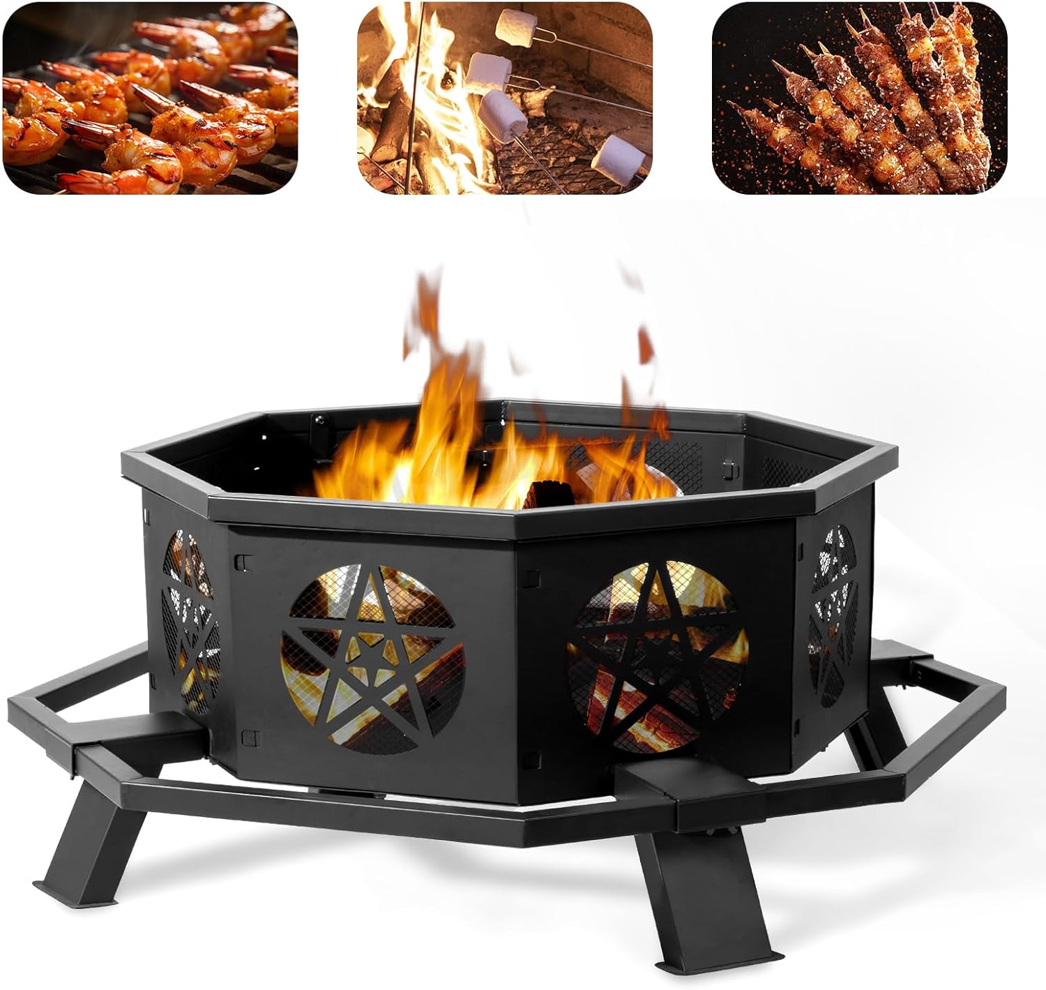 43 Inch Portable Fire Pit with Poker for Patio, Backyard, Garden, Detachable Fire Pits for Outside Wood Burning with Outer Ring, Outdoor Octagonal Metal Firepit for Camping, Heating, Bonfire