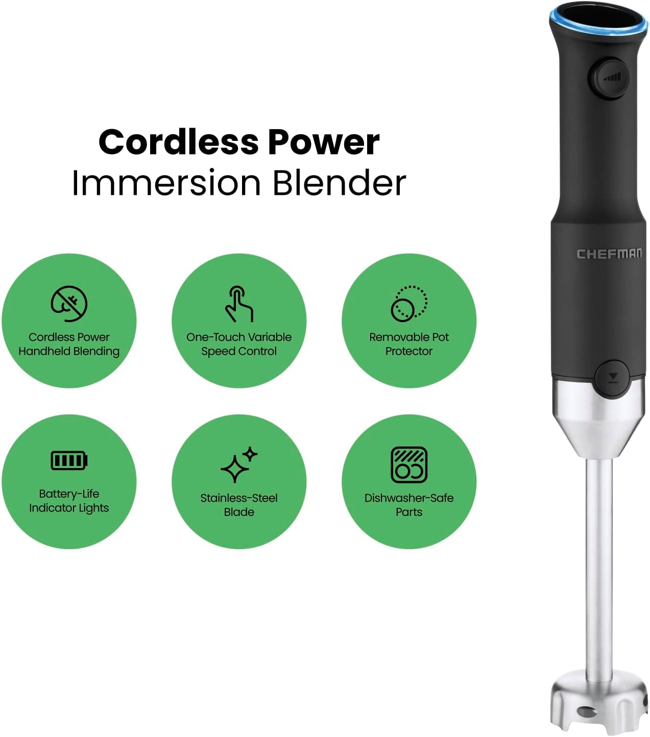Chefman Cordless Power Portable Immersion Blender, Ice Crushing Power with One-Touch Speed Control, USB Charging, Quickly Mixes Smoothies, Purees Soups, Dips, Sauces, Storage Case, Stainless Steel
