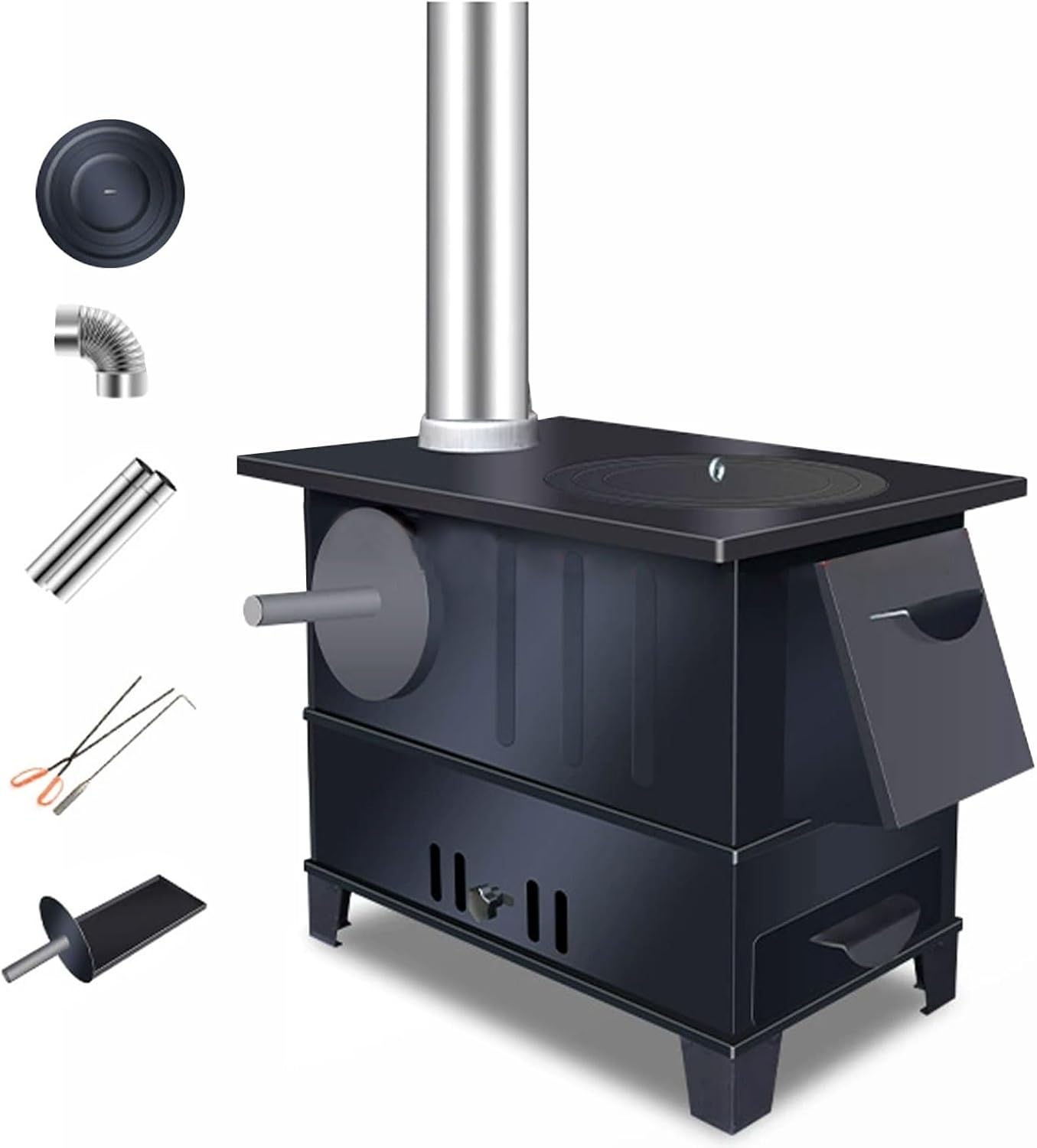 Outdoor Cooking Stove Camping Cookware Pull-out Oven Design Picnic Stove with Chimney Fire Hook and Tongs Adjustable Air Vents On Both Sides for Home Heating