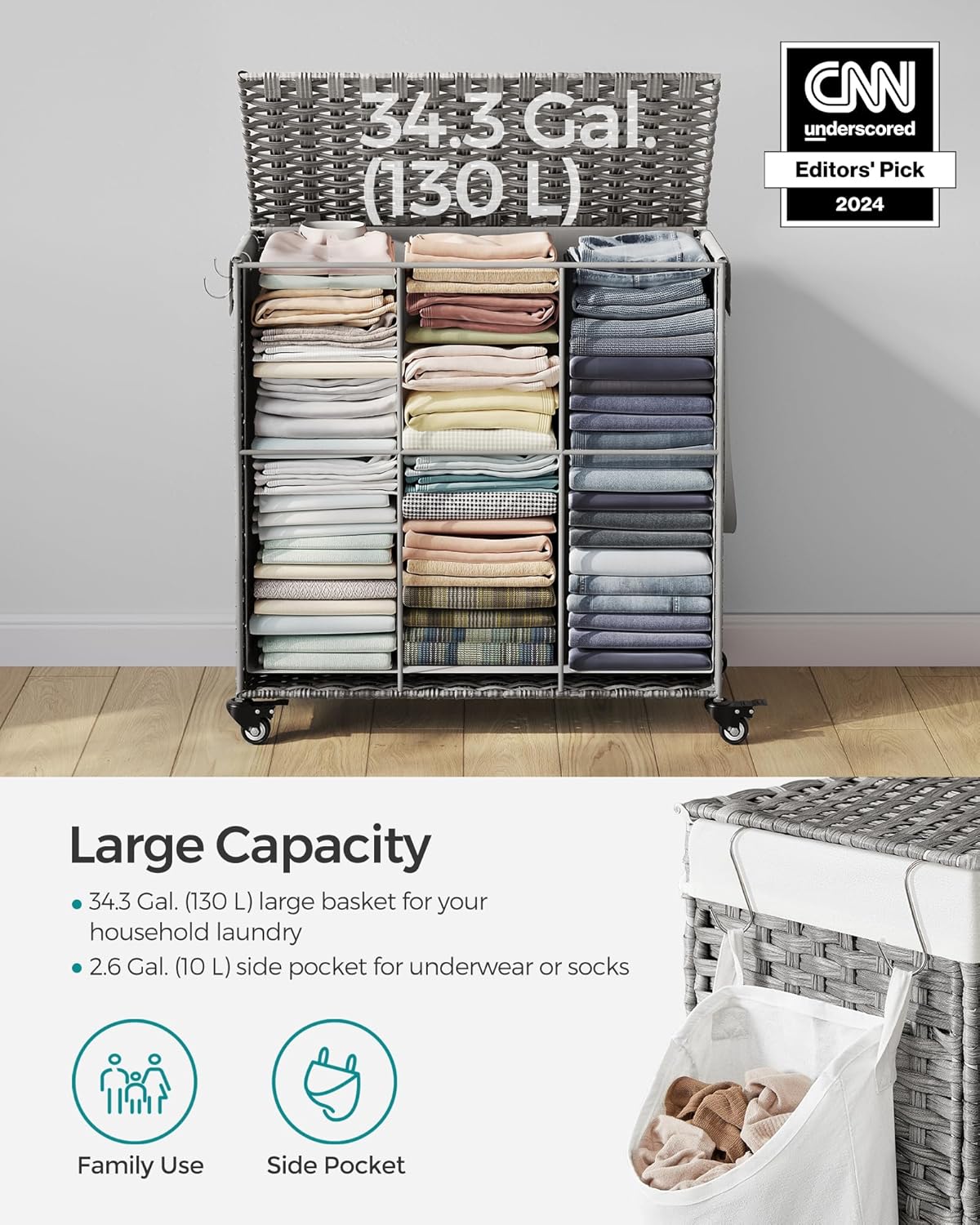 SONGMICS Laundry Hamper with Lid, 37 Gallons (140 L), Rolling Laundry Basket with Wheels, 3-Section Synthetic Rattan, Removable Liner, Bedroom, 26 x 13 x 26 Inches, Gray ULCB363G01