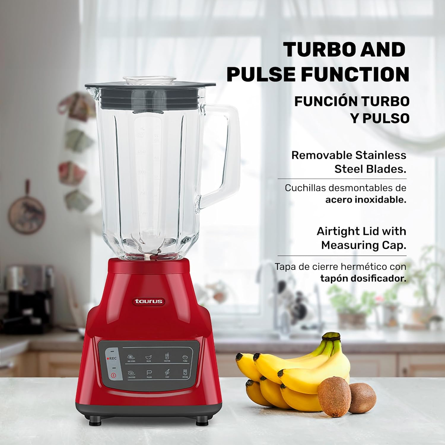 TAURUS GRANDEUR TOUCH REC | Super touch blender with programmable function | 800W | Glass jug 1.5 L | Turbo and pulse function | 5 pre-programmed functions | Stainless steel blades
