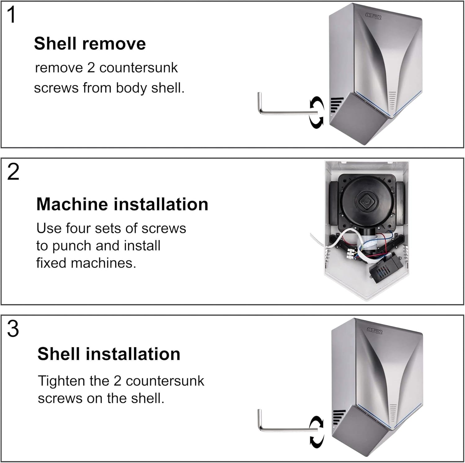 LS-PRO Automatic Hand Dryer for Commercial Bathrooms. High Speed Hot Air, Dry Hands in 7s. No Touch Operation with Infrared Sensor. Easy & Fast Installation. Low Noise 60 dB. 1 Year Warranty.