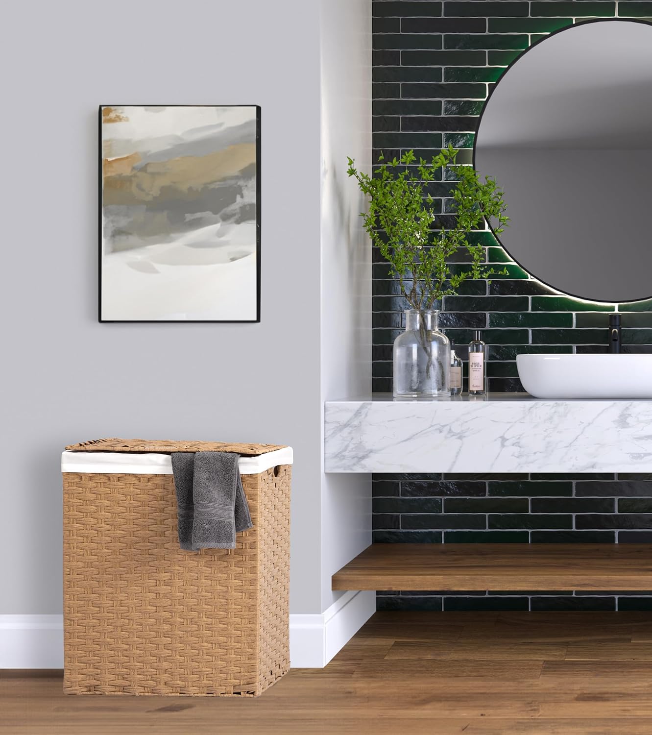 Seville Classics Premium Handwoven Portable Laundry Bin Basket with Carrying Handles, Household Storage for Clothes, Linens, Sheets, Tan, Rectangular Hamper