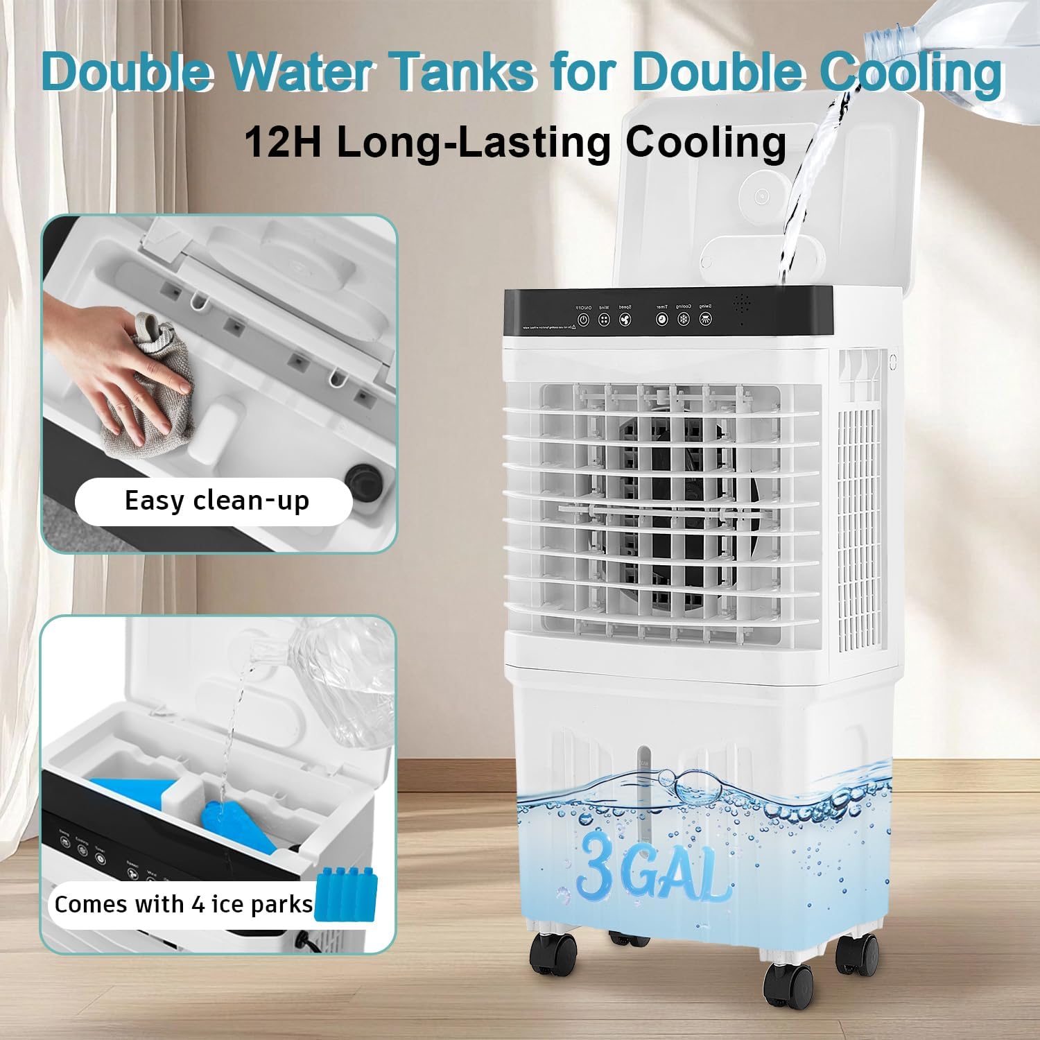 Swamp Cooler Portable Air Conditioners, 28” Evaporative Air Cooler with 3 Gallon Water Tank, 4 Ice Packs, 120°Oscillation Cooling Fan 2 Modes & 3 Speeds, 12H Timer for Home Outdoor Office Garage