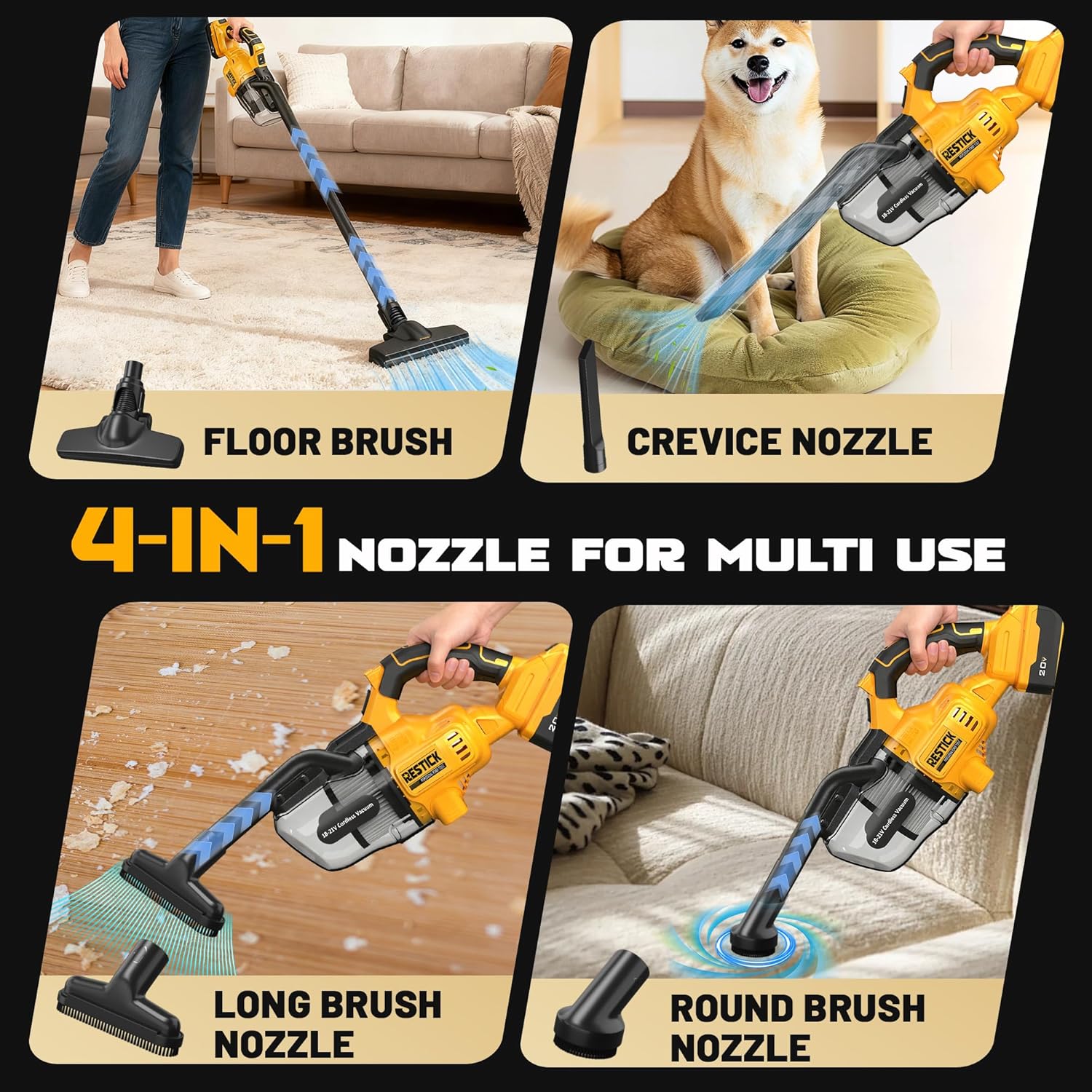 Cordless Vacuum Cleaner for Dewalt 20V Battery (No Battery), 35kPa Strong Suction 65CFM, Brushless Handheld Vaccum Kit with 4-Nozzle Portable Design, 4 Washable HEPA Filters (Tool Only)