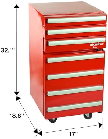 Koolatron Compact Heavy-Duty Rolling Tool Chest with 1.8 Cu Ft Mini Fridge 3 Drawers Adjustable Shelf Swivel Wheels Efficient Compressor Cooling Red Finish Garage Workshop Organizer