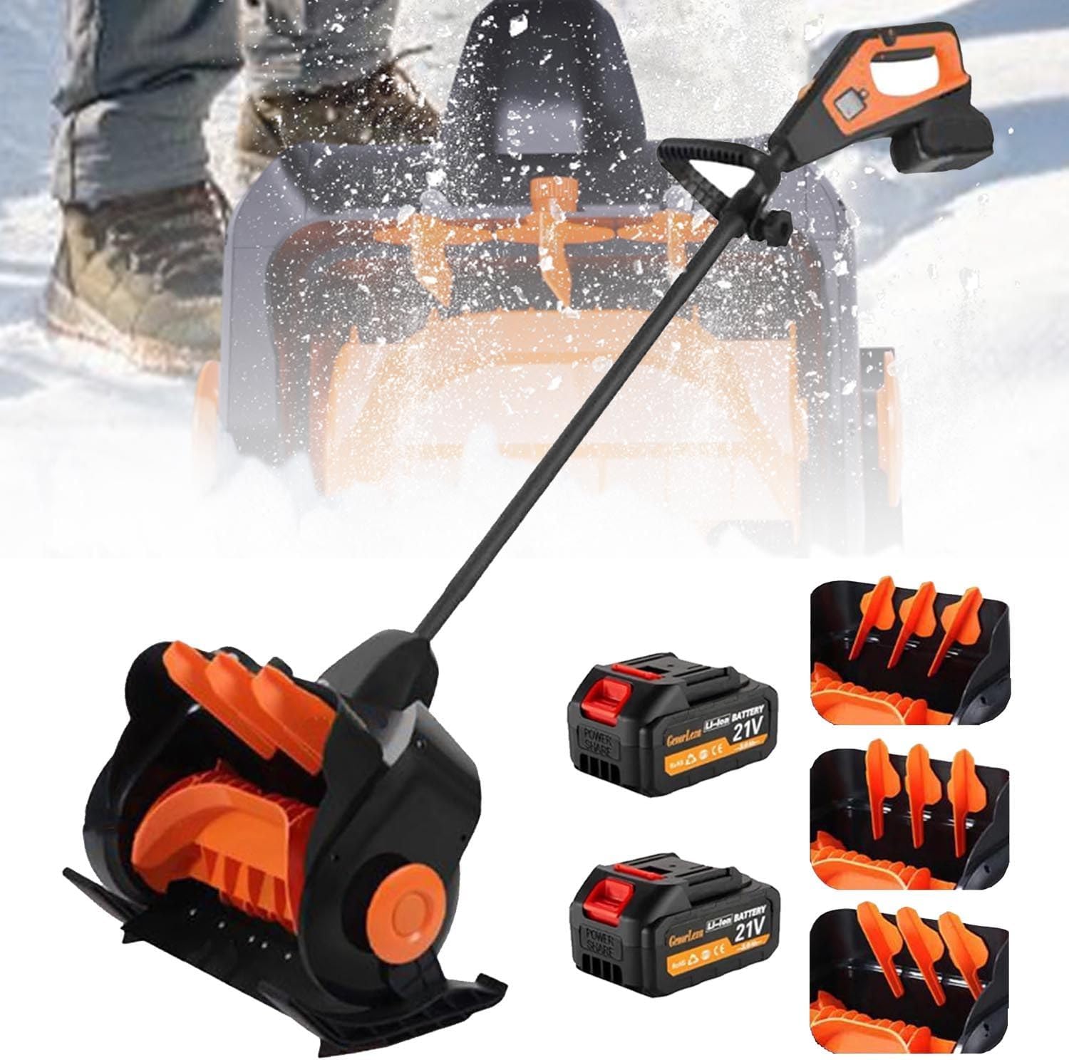 Snow Blower -Cordless Electric Snow Shovel,Handheld Snow Thrower -41cm Width&15cm Depth,3-Speed Control,2 Battery and 1 Charger Included,Brushless Motor,Adjustable Direction,Orange