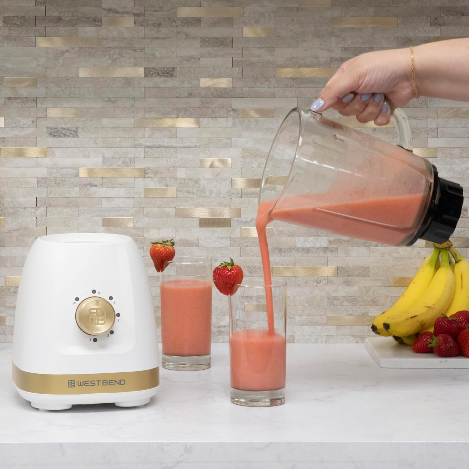 West Bend Timeless 5-Speed Multi-Function Blender, 48 oz Glass Jar with 20 oz Travel Cup, LED Controls, White/Gold