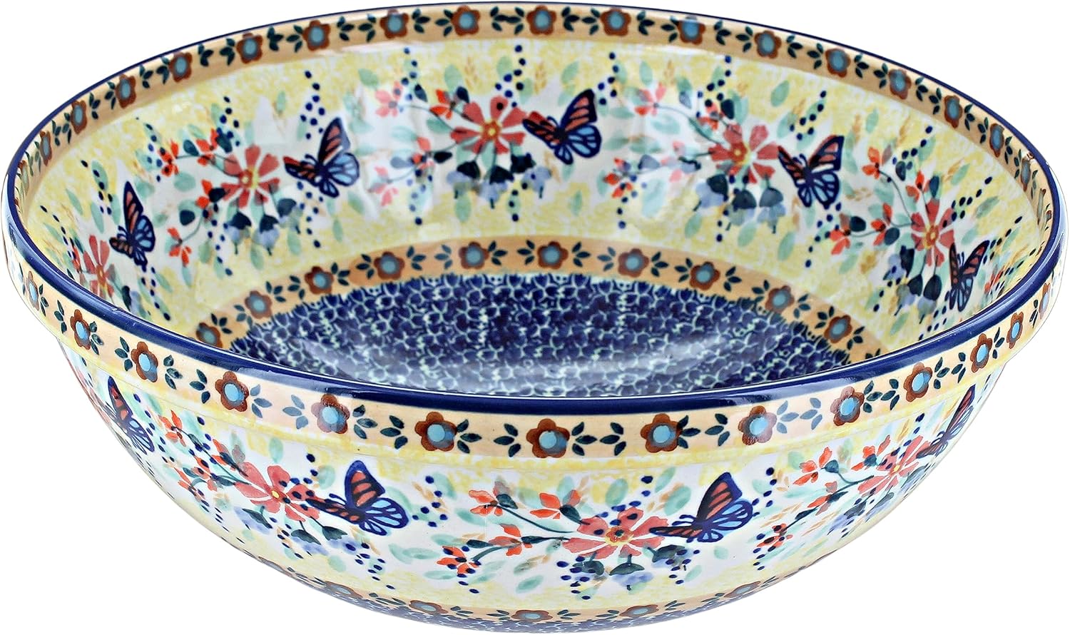 Blue Rose Polish Pottery - Yellow Blue Butterfly Large Serving Bowl - 9.25