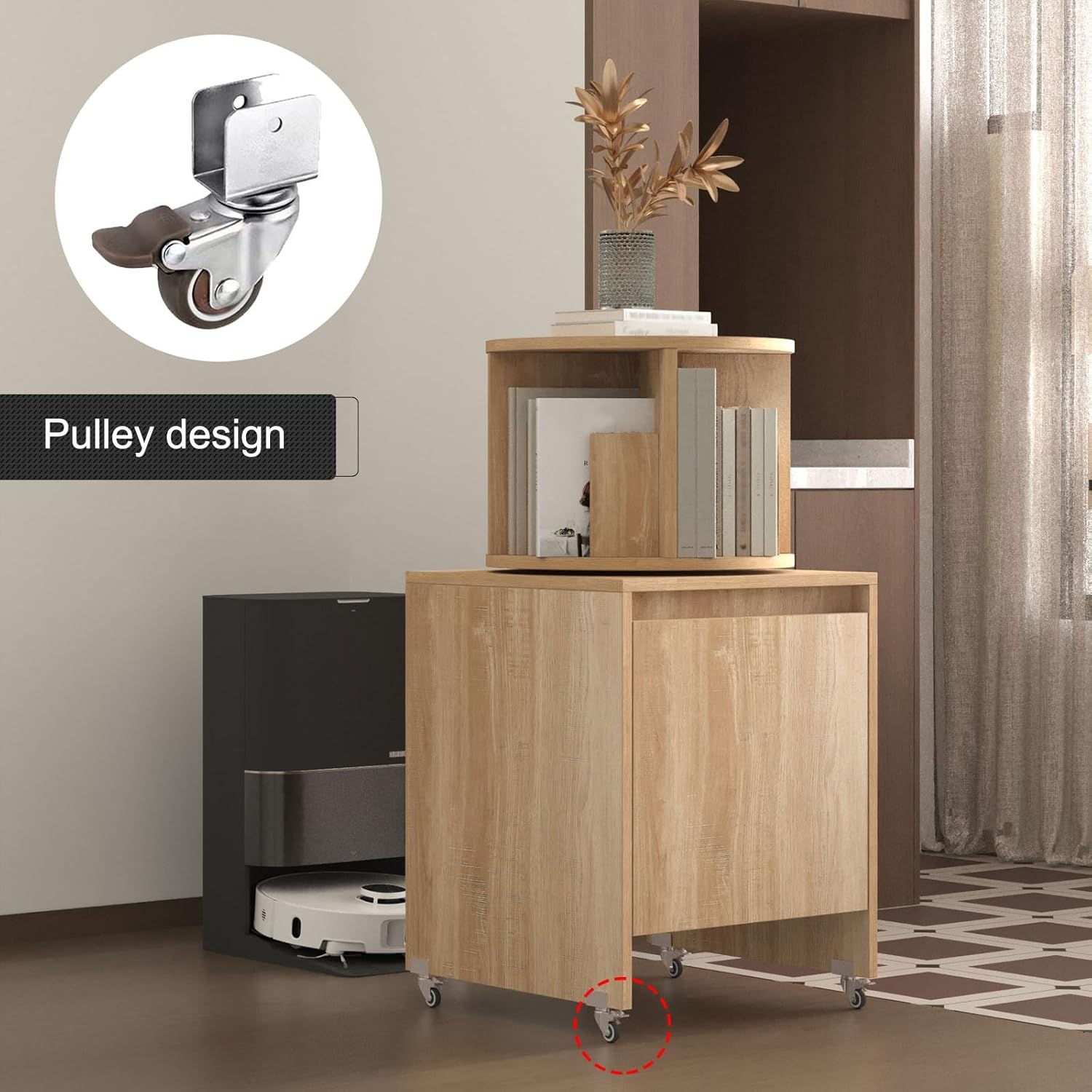 Robot Vacuum Storage Cabinet with Wheels, Mobile Vacuum Hidden Cabinet, Multi-Function Rotating Bookshelf, for Living Room Home Office Kitchen(Yellow,50 * 50 * 131.5cm)