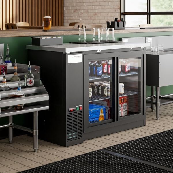48-Inch Black Underbar Sliding Glass Door Back Bar Refrigerator with LED Lighting, Galvanized Top, 34.8