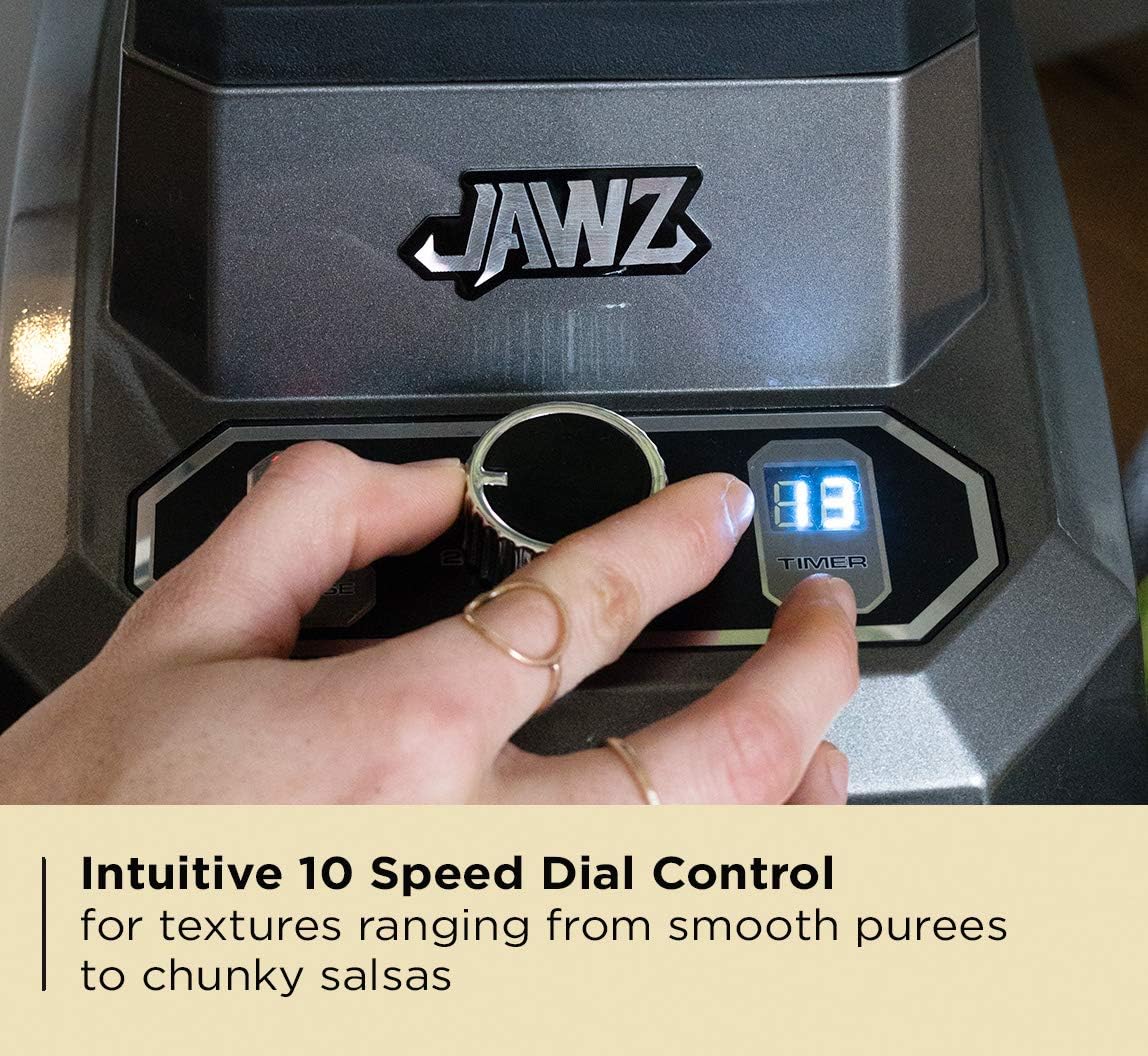 JAWZ High Performance Blender, 64 Oz Professional Grade Countertop Blender, Food Processor, Juicer, Smoothie or Nut Butter Maker, Variable 10 Speed Easy Control Dial, Stainless Steel Blades, Silver