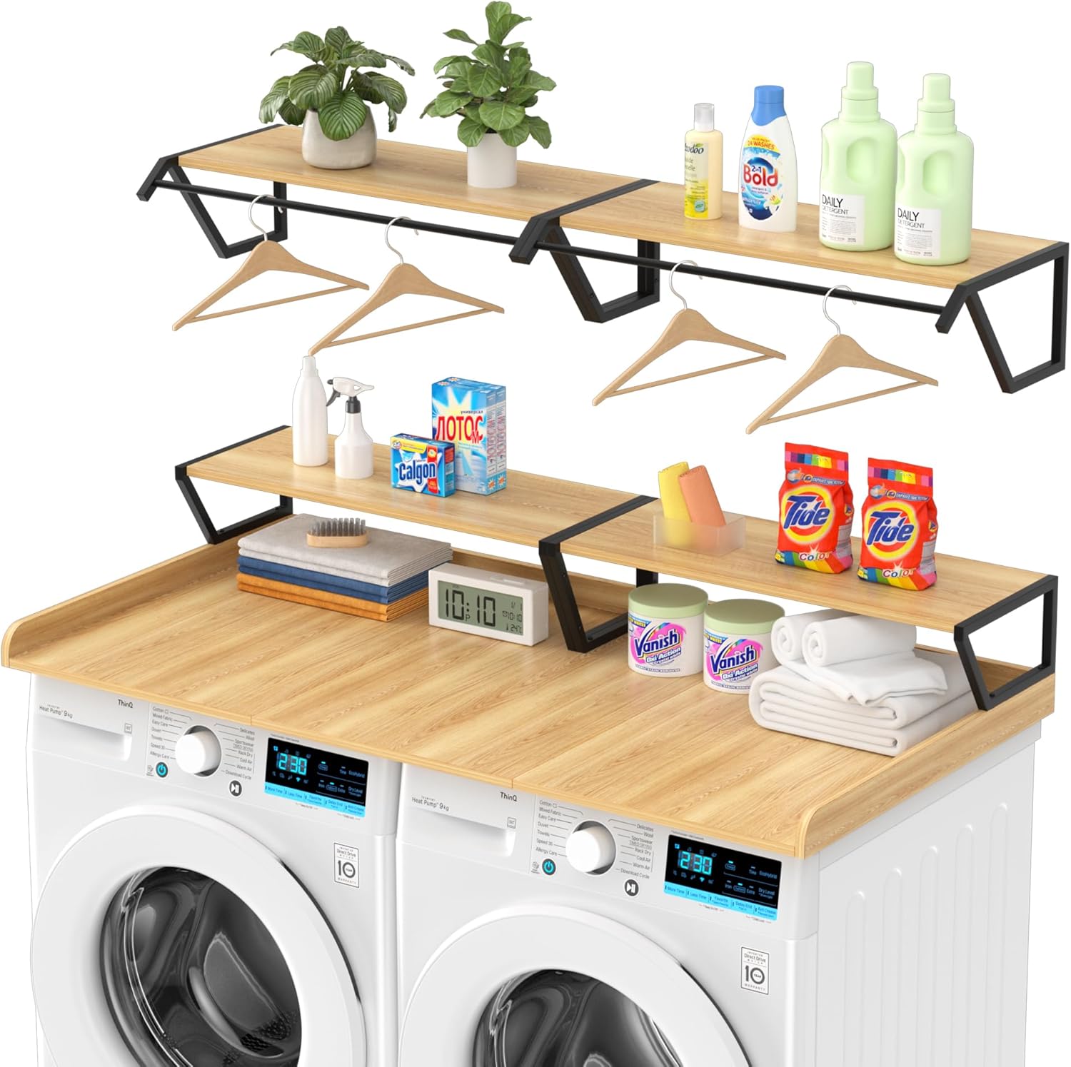 Set Washer Dryer Countertop with Hanging Rod, Laundry Countertop with Wall Shelf for Laundry Room Organization, Washer Dryer Topper with Anti-Slip Pads and Raised Edges Oak