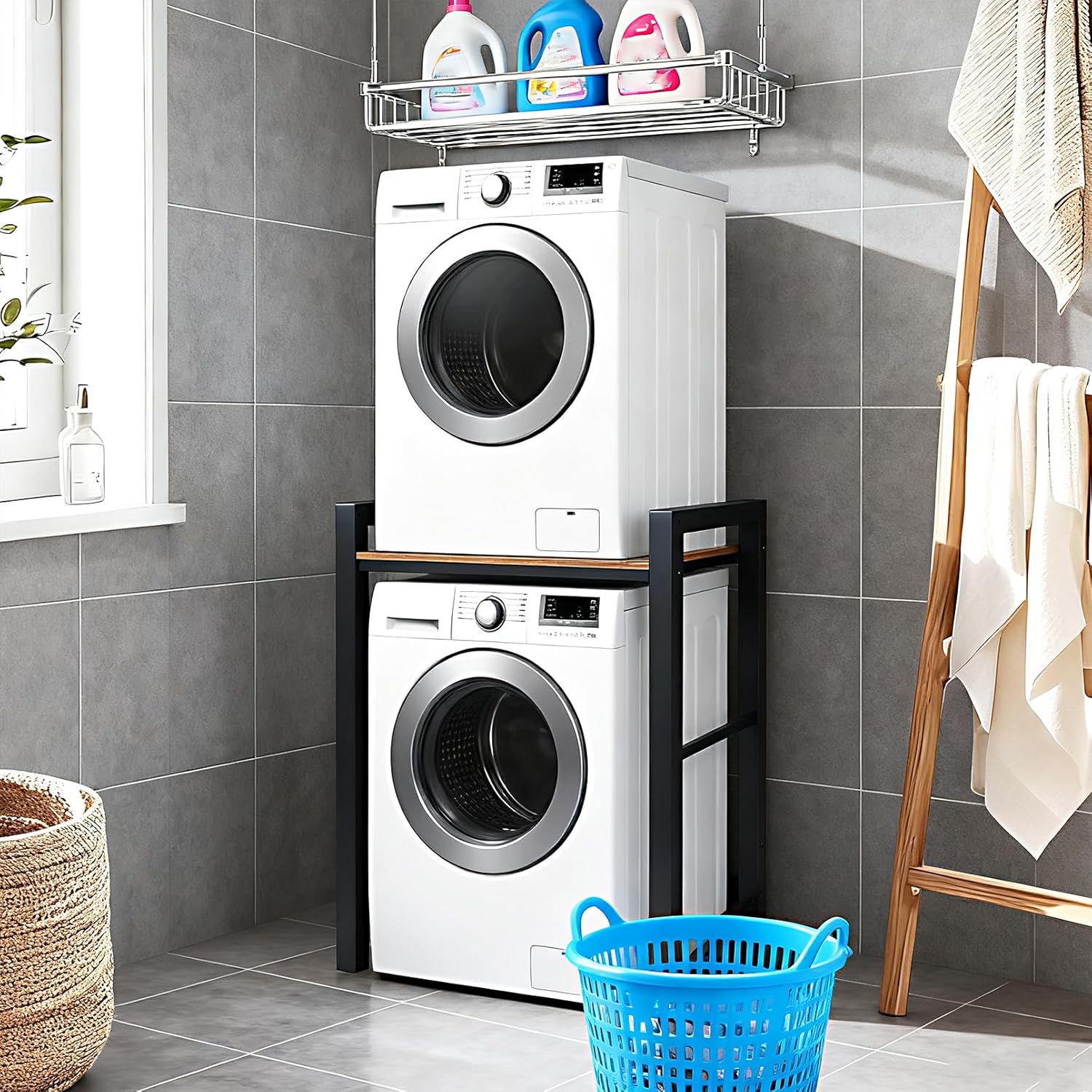 Washer Dryer Stacking Rack, 771lbs Capacity Heavy Duty Washer and Dryer Stacking Stand, 3 Adjustable Height Washing Machine Shelf forLaundry Rooms Bathrooms Balconies (Black)
