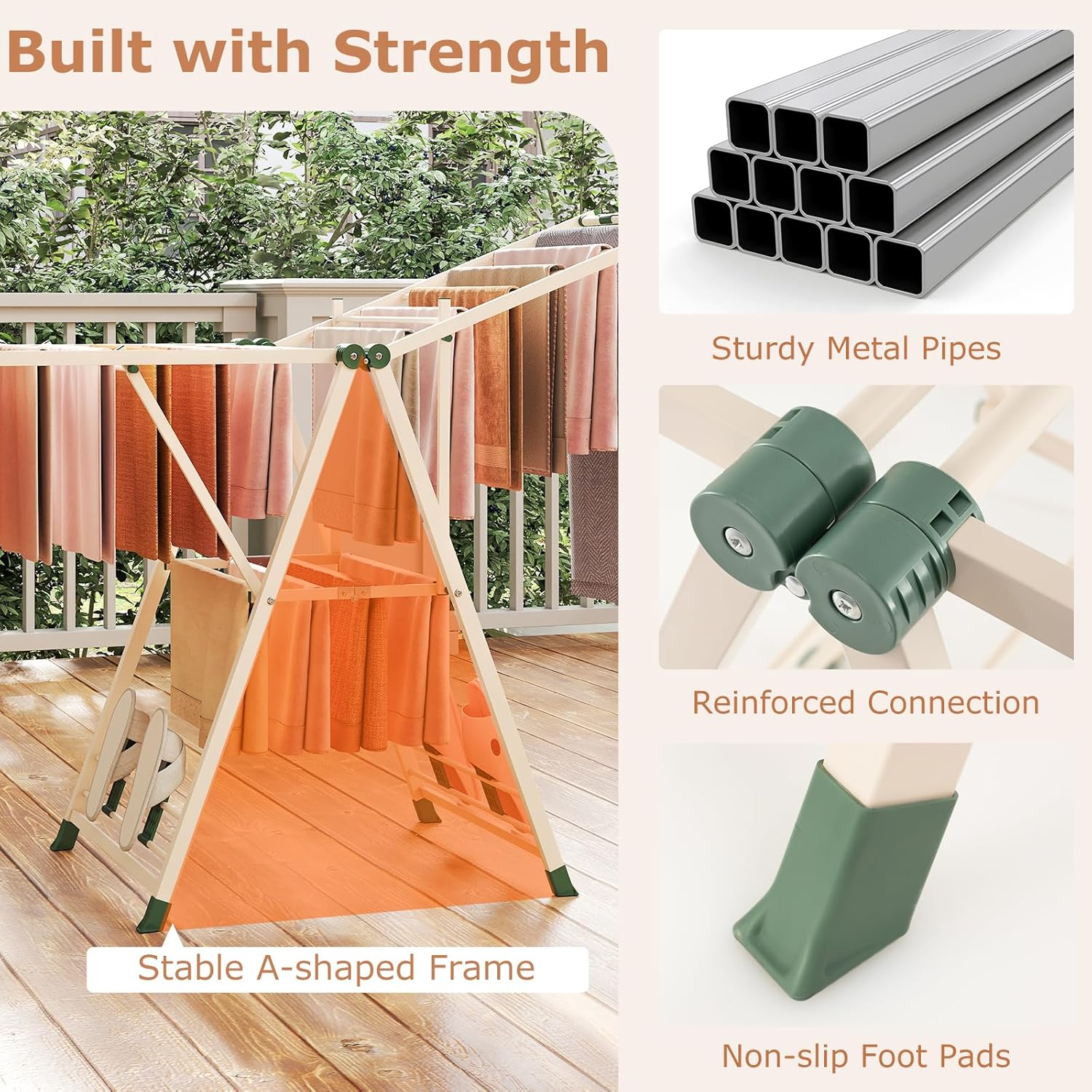 Giantex Clothes Drying Rack, Foldable Metal Laundry Drying Rack with Height Adjustable Wings, 16 Drying Rails, Sock Clips & Shoe Racks, Freestanding Clothing Stand for Indoor & Outdoor, Beige