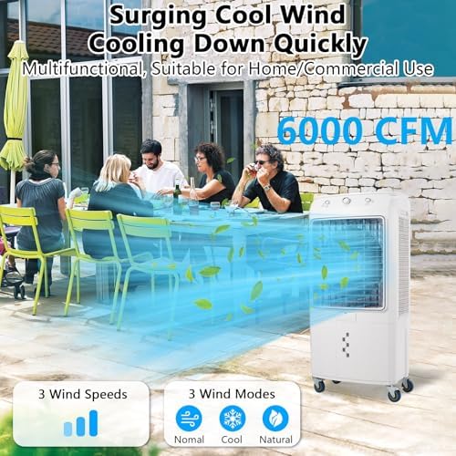 6000 CFM Swamp Cooler, 15.8 Gallon Evaporative Air Cooler with 120°Oscillation and 3 Speeds, 3-In-1 Swamp Cooler Air Conditioner, Portable Air Cooler Fan for Indoor Outdoor Patio Garage Large Rooms