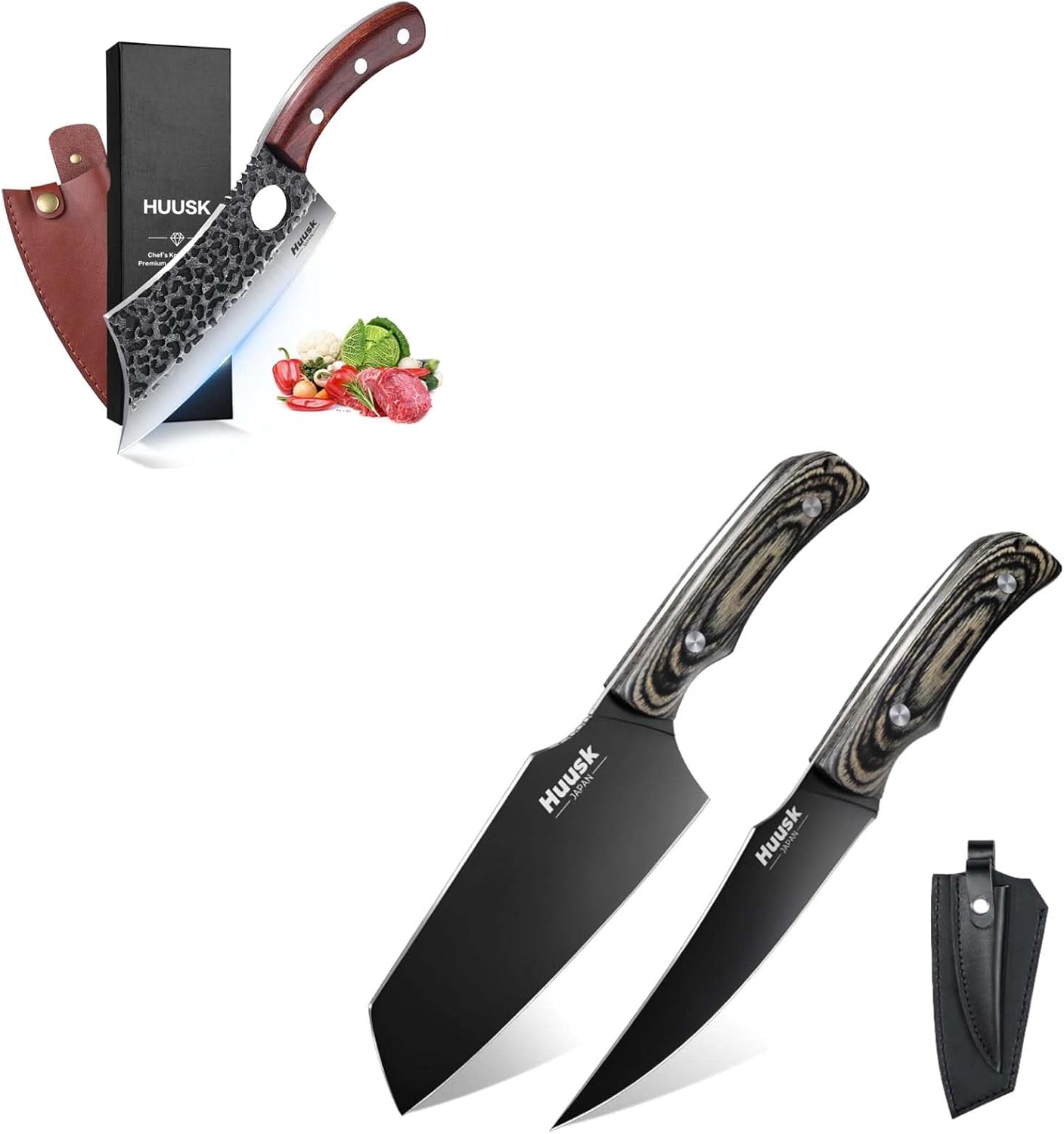 Huusk Butcher Knife Set Hand Forged Butcher Knife for Meat Cutting, Full Tang Viking Knife with Sheath, Japanese Chef Knives for for Outdoor Camping Thanksgiving Christmas Black