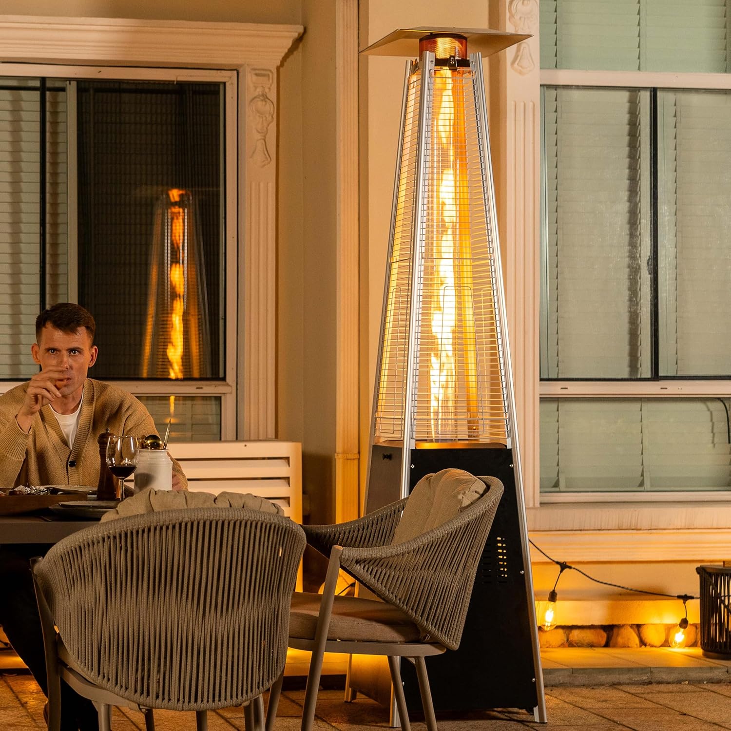 Nuu Garden Outdoor Pyramid Patio Heater, 48,000 BTU Propane Patio Heater with Glass Tube, Wheels, Outdoor Heater for Patio, Garden, Backyard, Porch, Black